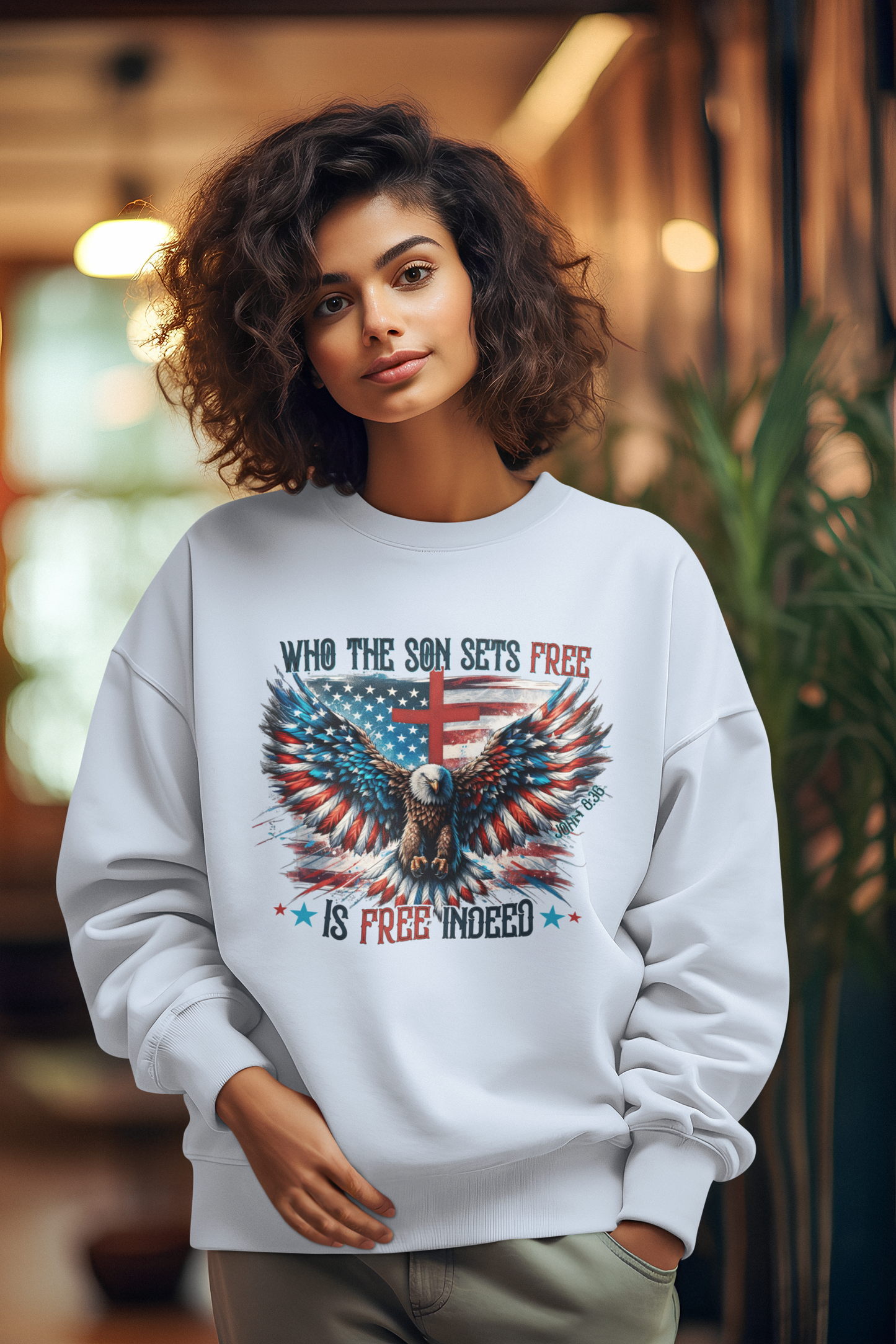 FREE INDEED Heavy Weight Patriotic Christian Sweatshirt (S-5XL):  Women's Gildan 18000 - FREE SHIPPING