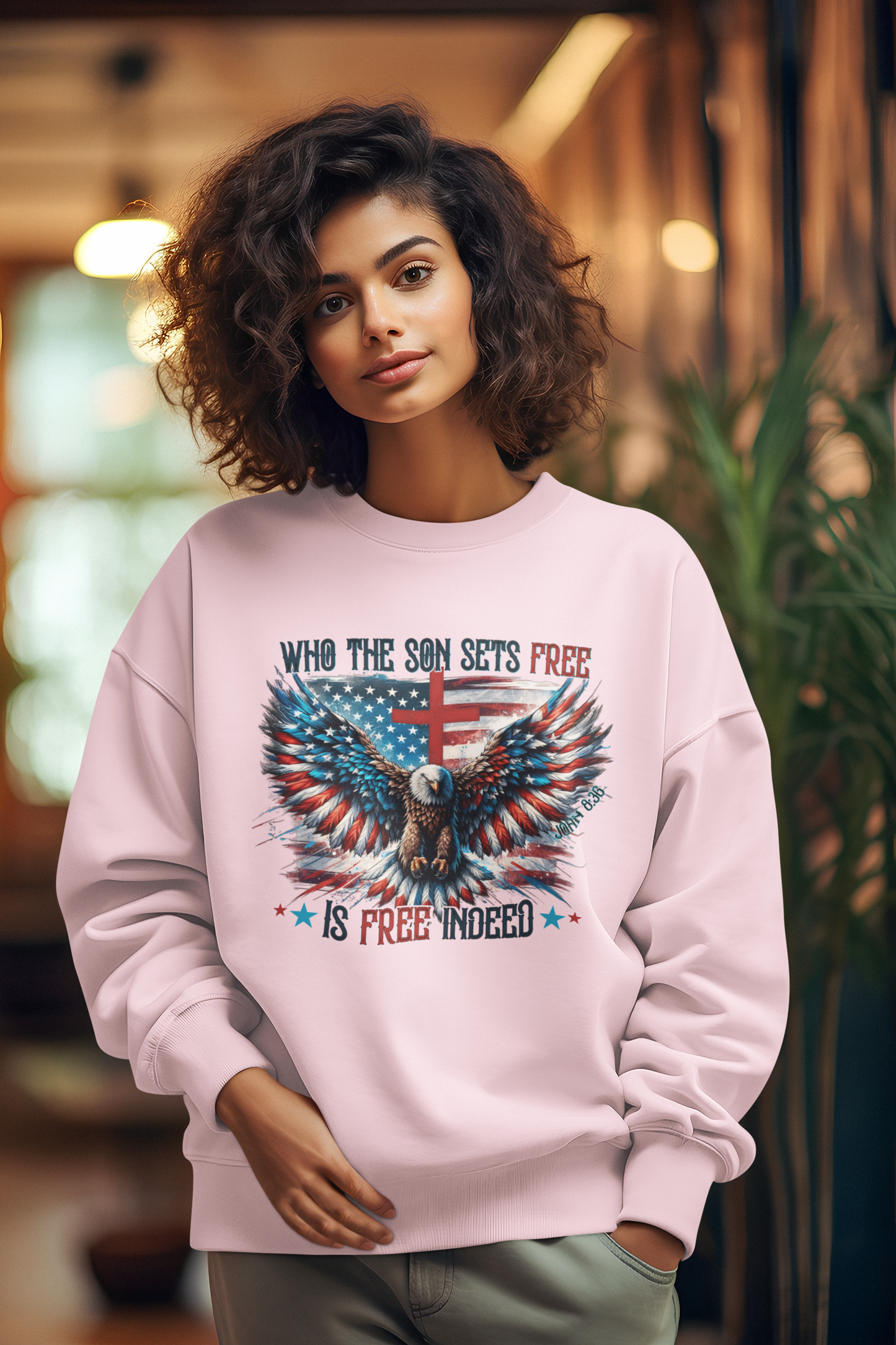 FREE INDEED Heavy Weight Patriotic Christian Sweatshirt (S-5XL):  Women's Gildan 18000 - FREE SHIPPING