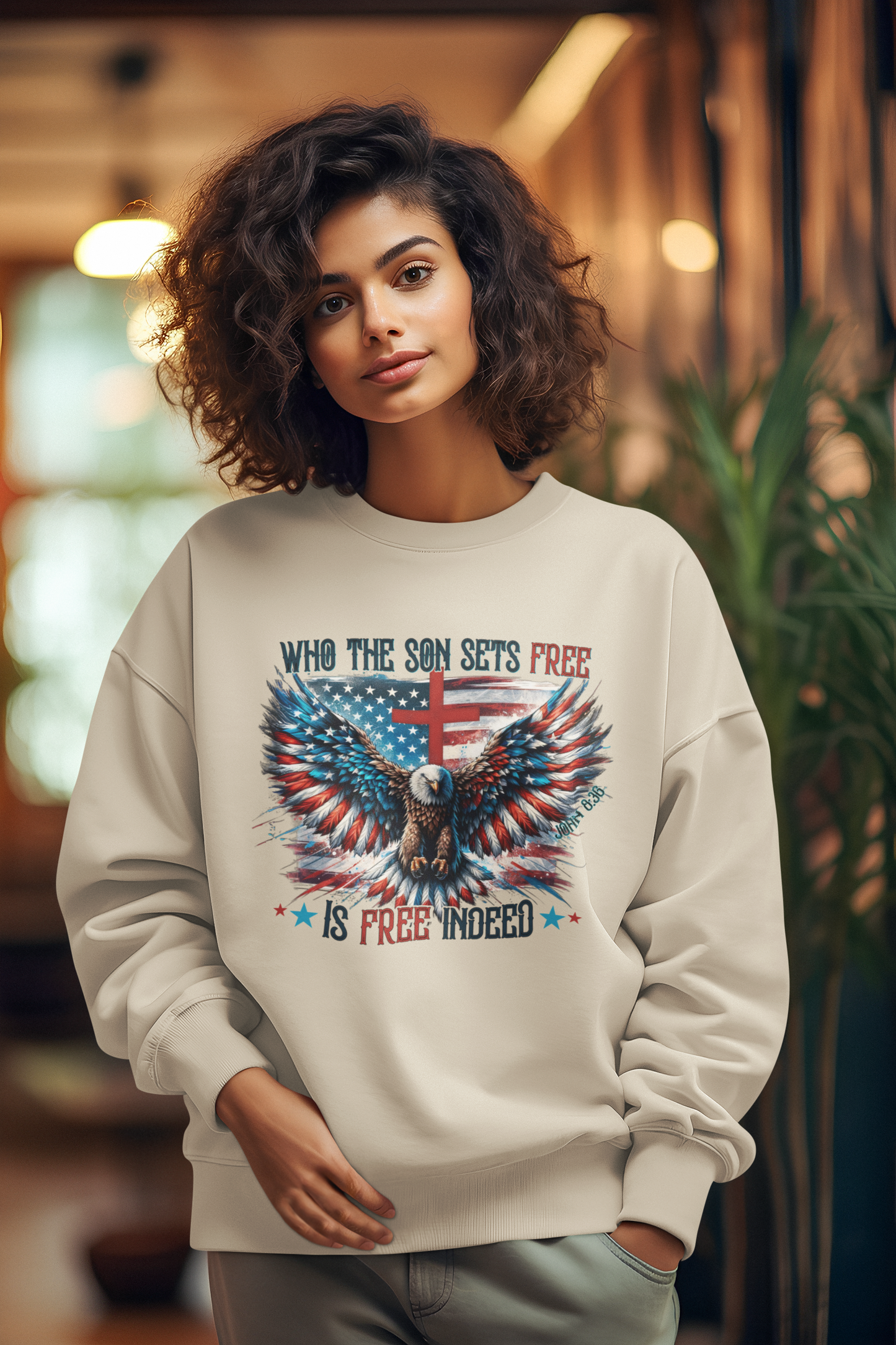 FREE INDEED Heavy Weight Patriotic Christian Sweatshirt (S-5XL):  Women's Gildan 18000 - FREE SHIPPING