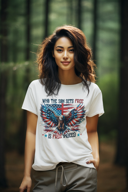 FREE INDEED Semi-Fitted Patriotic Christian T-Shirt (S-3XL):  Women's Gildan 5000L - FREE SHIPPING