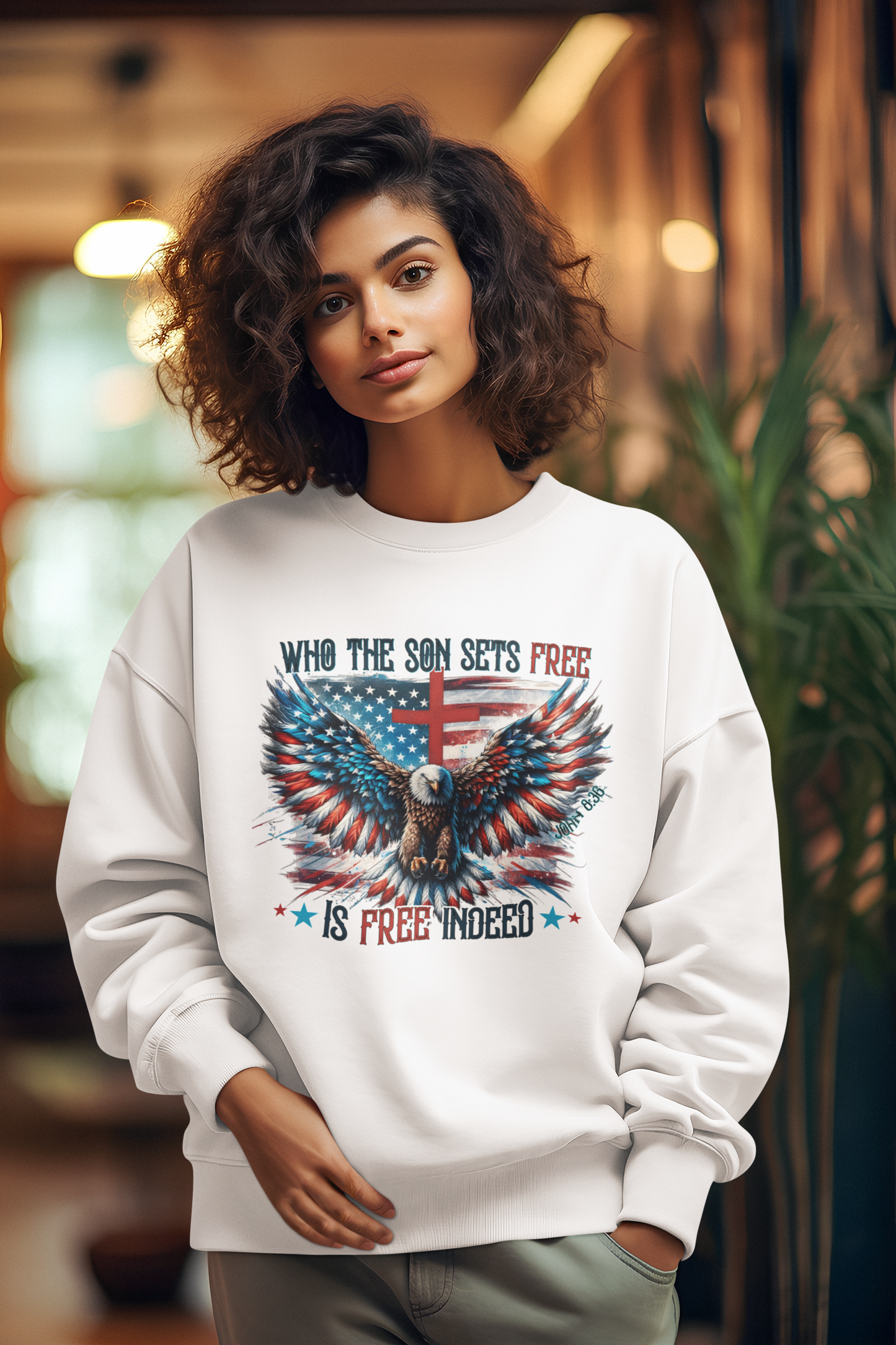 FREE INDEED Heavy Weight Patriotic Christian Sweatshirt (S-5XL):  Women's Gildan 18000 - FREE SHIPPING