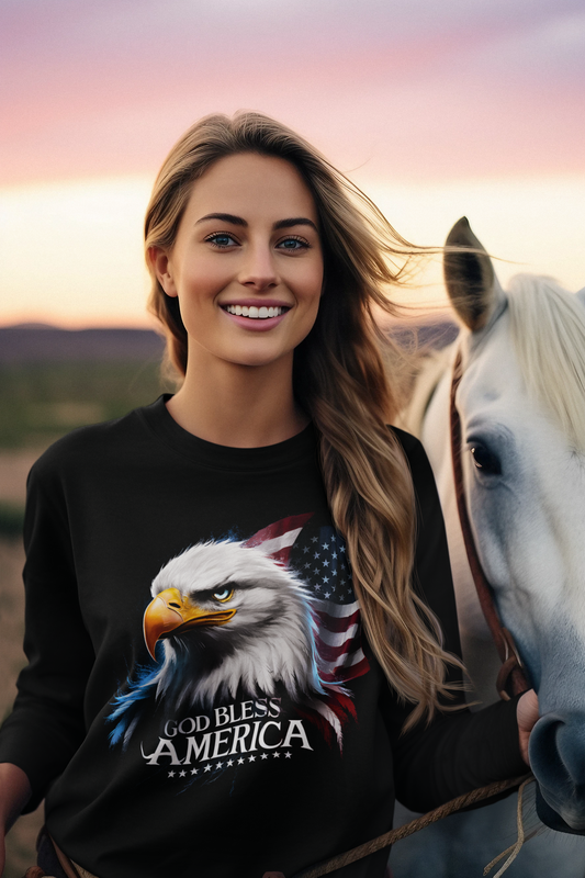 GOD BLESS AMERICA Heavy Weight Patriotic Christian Long Sleeve T-Shirt (S-2XL):  Women's Gildan 2400 - FREE SHIPPING