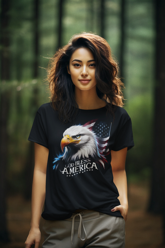 GOD BLESS AMERICA Semi-Fitted Patriotic Christian T-Shirt (S-3XL):  Women's Gildan 5000L - FREE SHIPPING