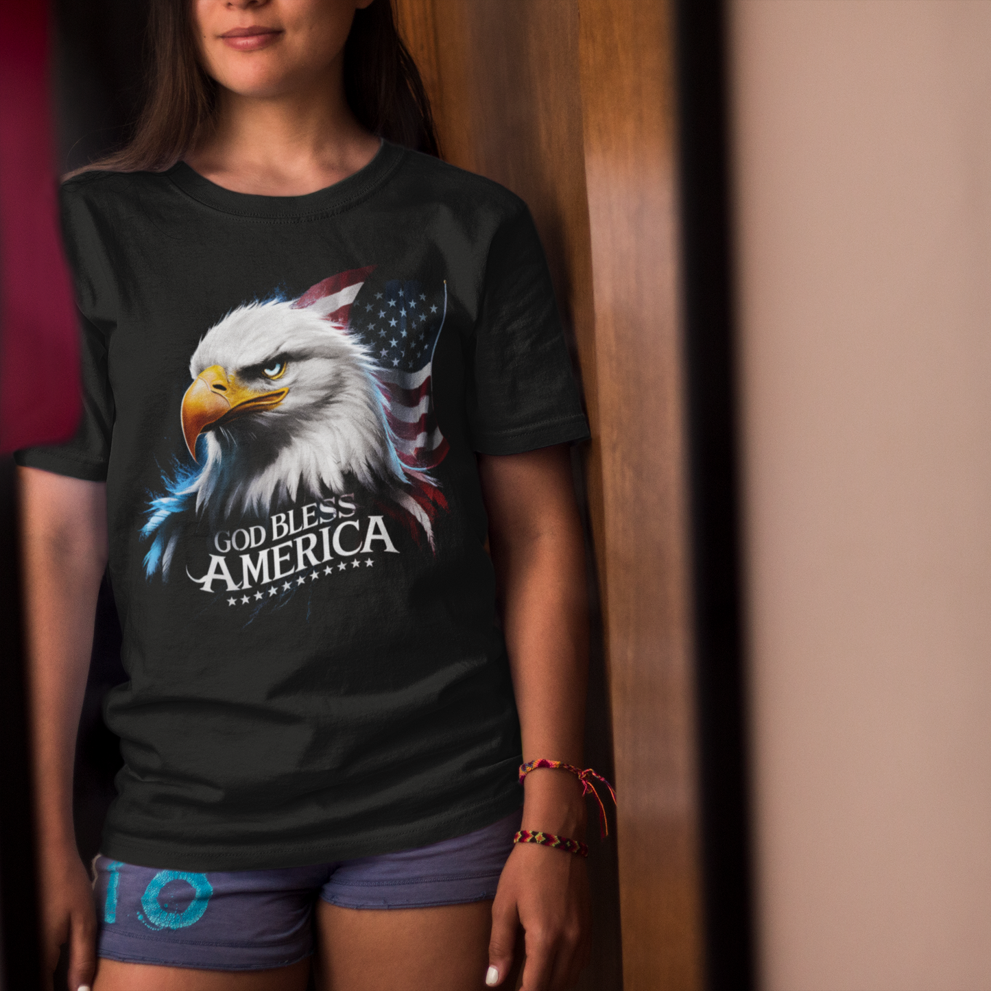 GOD BLESS AMERICA Classic Patriotic Military T-Shirt (S-5XL):  Women's Medium Weight Gildan 5000 - FREE SHIPPING