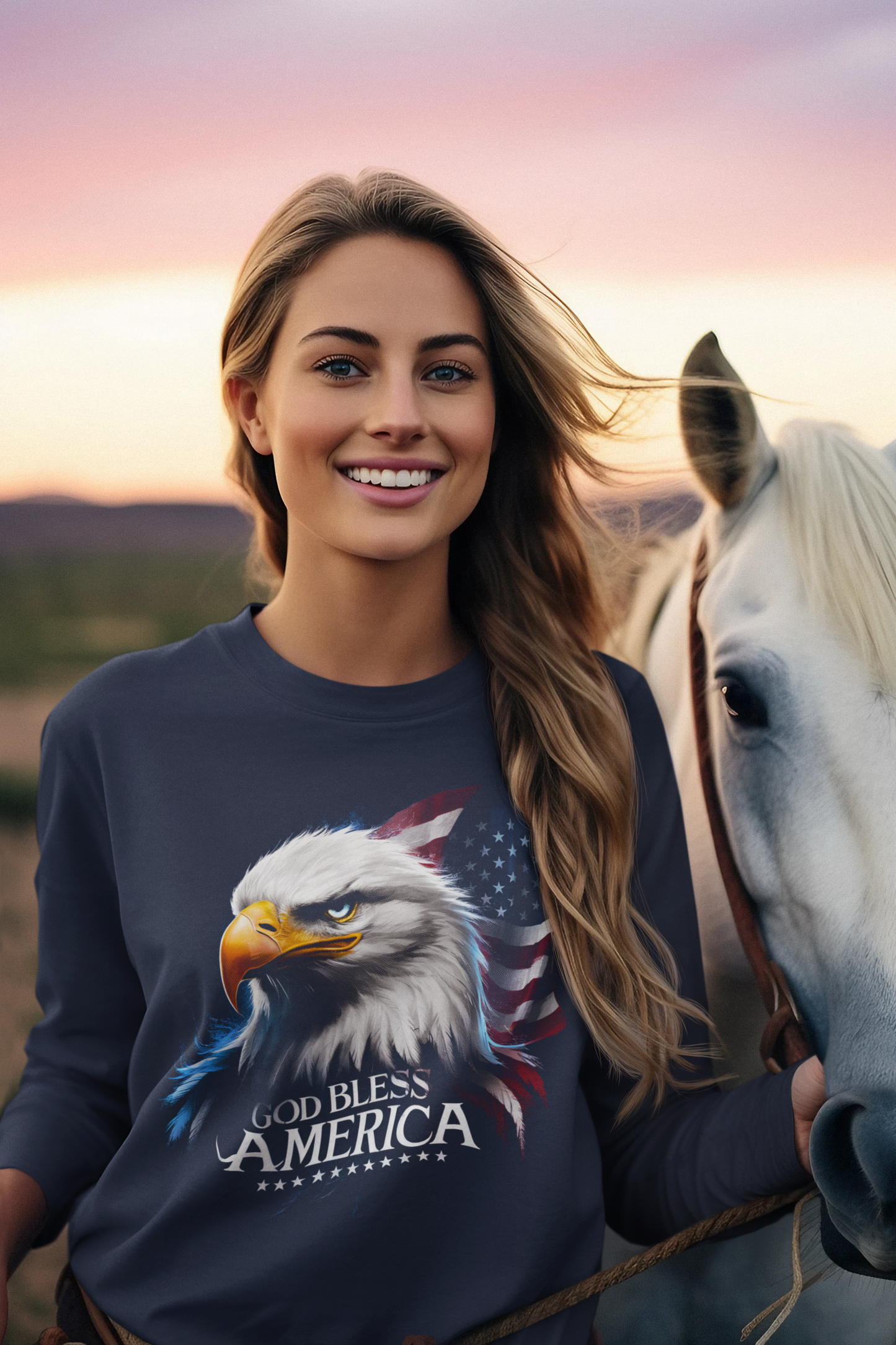 GOD BLESS AMERICA Heavy Weight Patriotic Christian Long Sleeve T-Shirt (S-2XL):  Women's Gildan 2400 - FREE SHIPPING