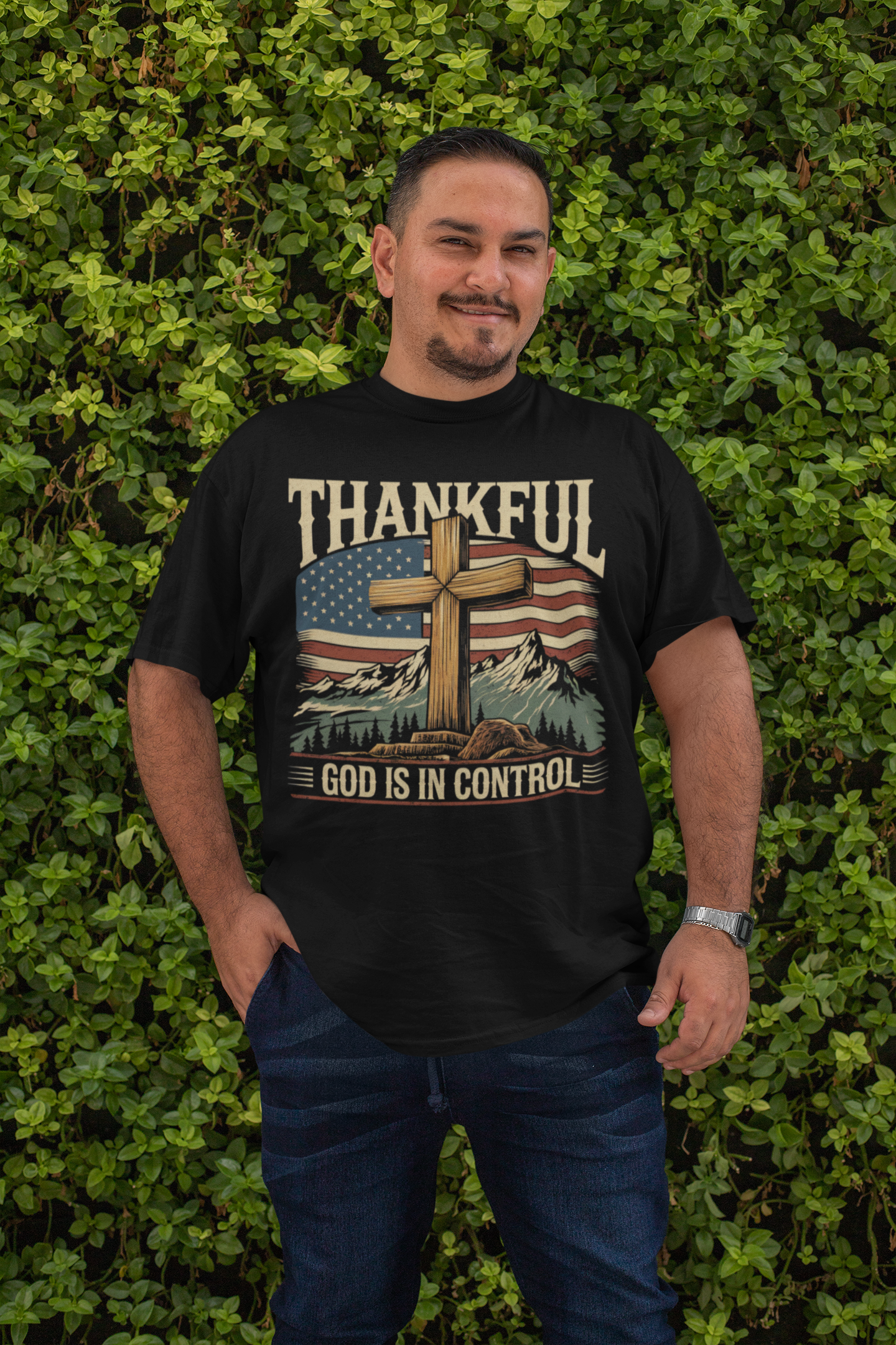 . GOD IS IN CONTROL Plus Size Heavy Weight Patriotic Christian T-Shirt (S-5XL):  Men's Hanes Beefy-T® - FREE SHIPPING