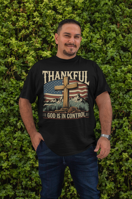 . GOD IS IN CONTROL Plus Size Heavy Weight Patriotic Christian T-Shirt (S-5XL):  Men's Hanes Beefy-T® - FREE SHIPPING