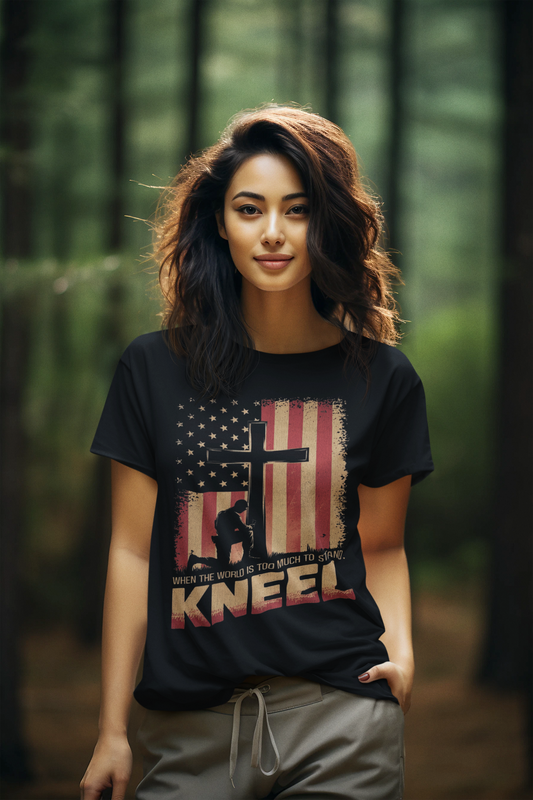 JUST KNEEL Semi-Fitted Patriotic Christian T-Shirt (S-3XL):  Women's Gildan 5000L - FREE SHIPPING