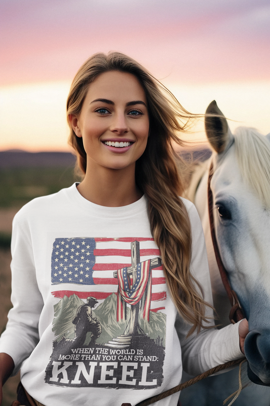 JUST KNEEL Heavy Weight Patriotic Christian Long Sleeve T-Shirt (S-2XL):  Women's Gildan 2400 - FREE SHIPPING