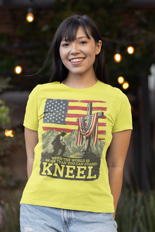 JUST KNEEL Fitted Patriotic Christian T-Shirt (S-2XL):  Women's Bella+Canvas 6004 - FREE SHIPPING