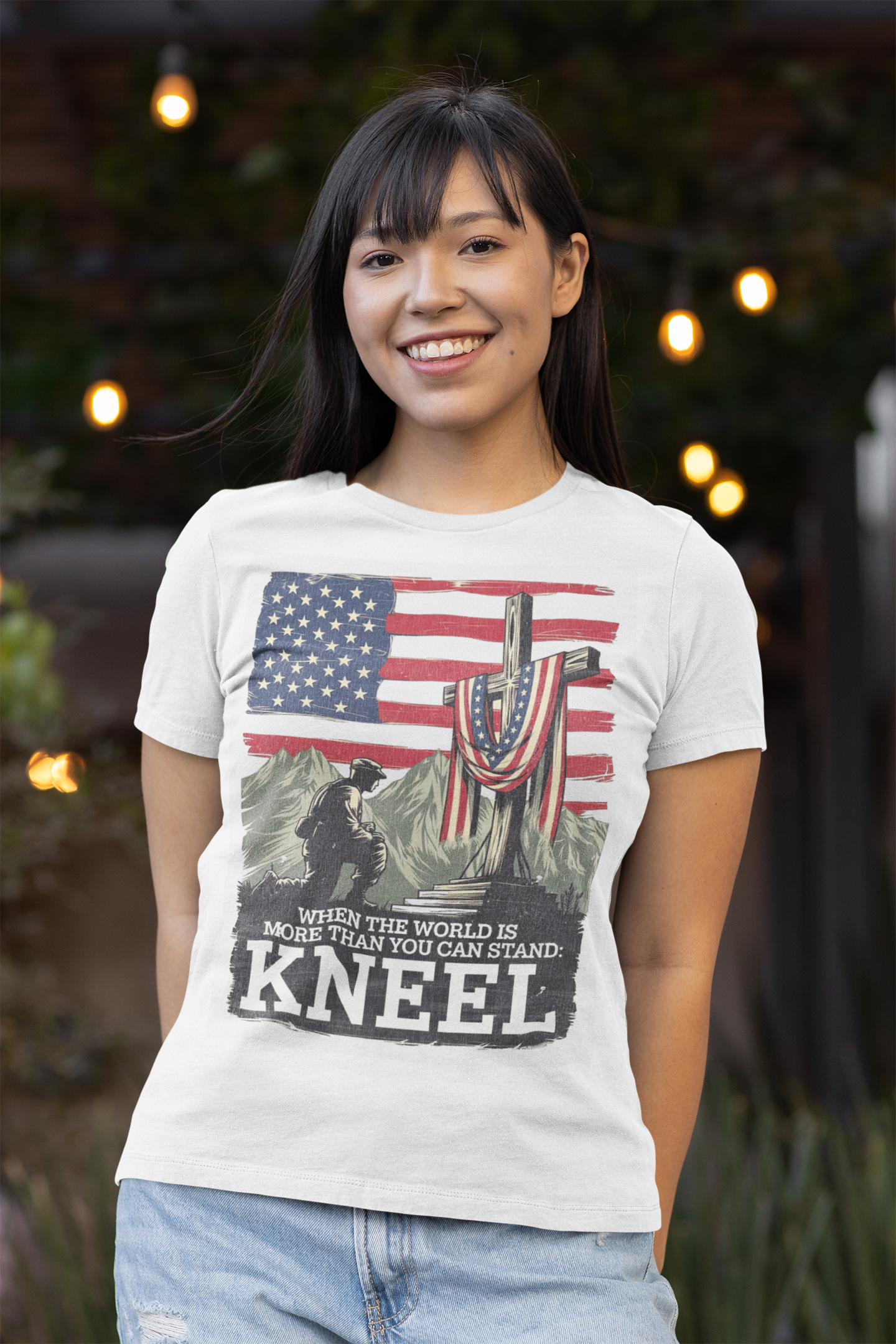 JUST KNEEL Fitted Patriotic Christian T-Shirt (S-2XL):  Women's Bella+Canvas 6004 - FREE SHIPPING