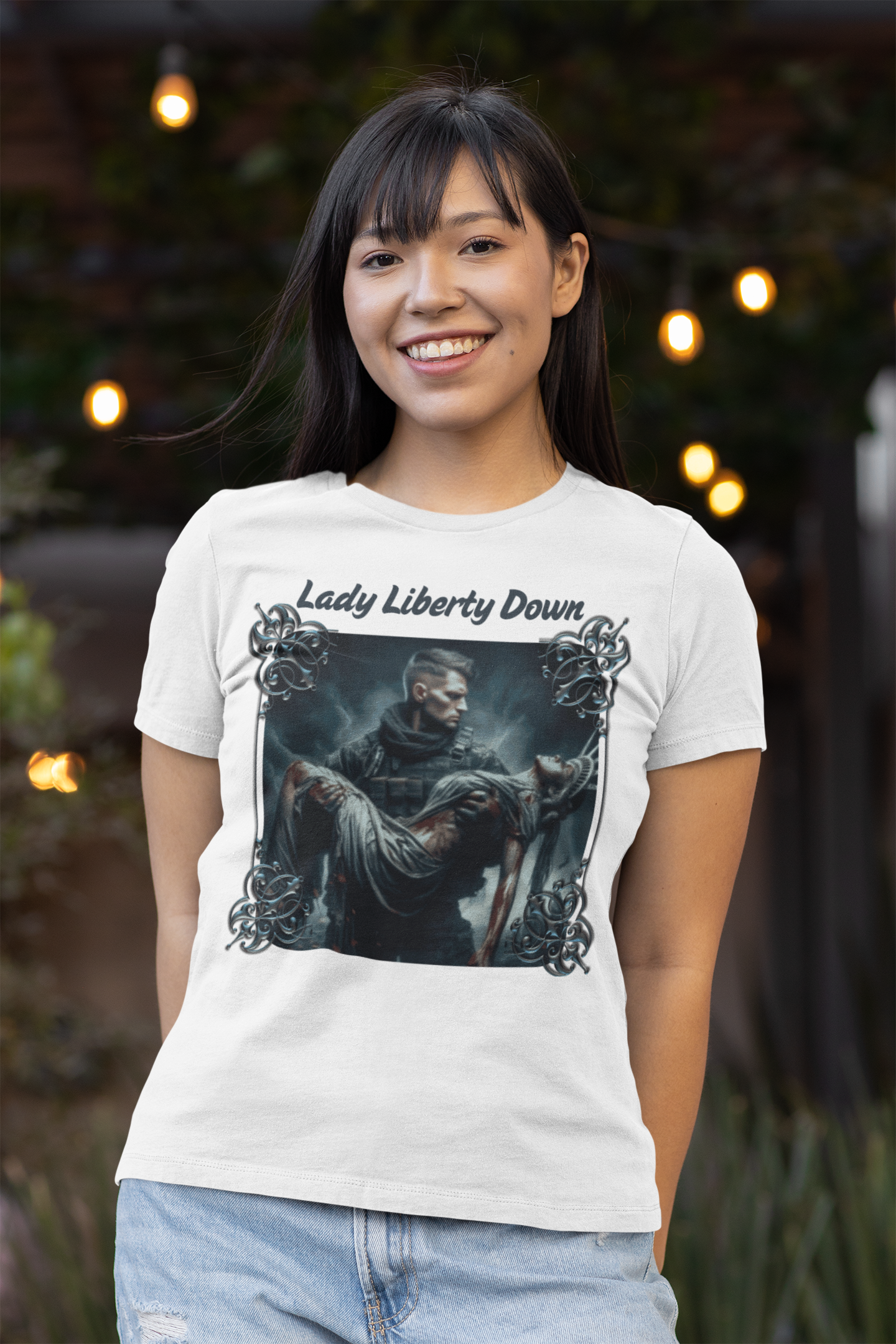 LADY LIBERTY DOWN Fitted Patriotic Military T-Shirt (S-2XL):  Women's Bella+Canvas 6004 - FREE SHIPPING