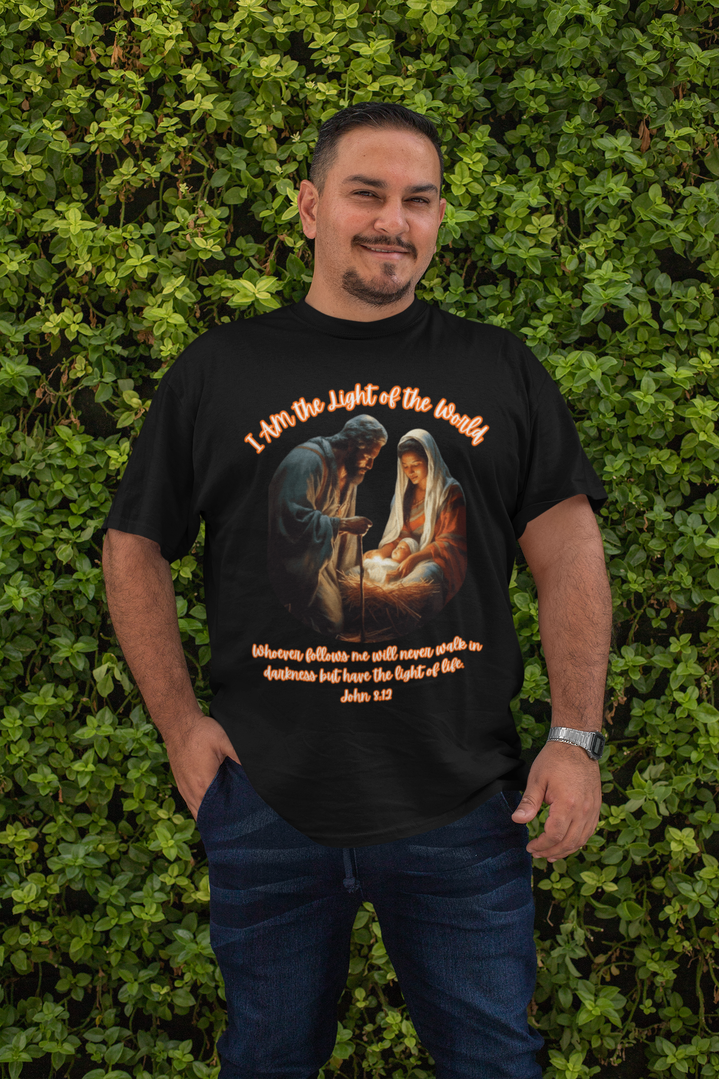 LIGHT OF THE WORLD Plus Size Heavy Weight Christmas T-Shirt (S-5XL):  Men's Hanes Beefy-T® - FREE SHIPPING