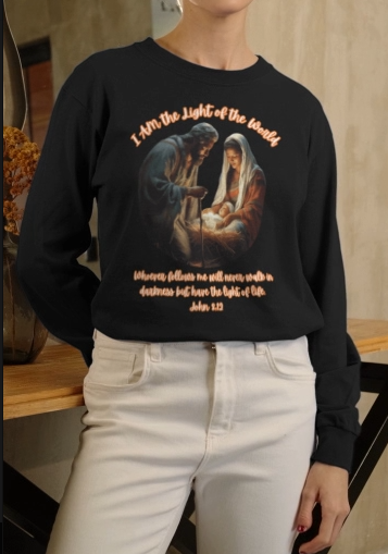 LIGHT OF THE WORLD Heavy Weight Christmas Long Sleeve T-Shirt (S-2XL):  Women's Gildan 2400 - FREE SHIPPING