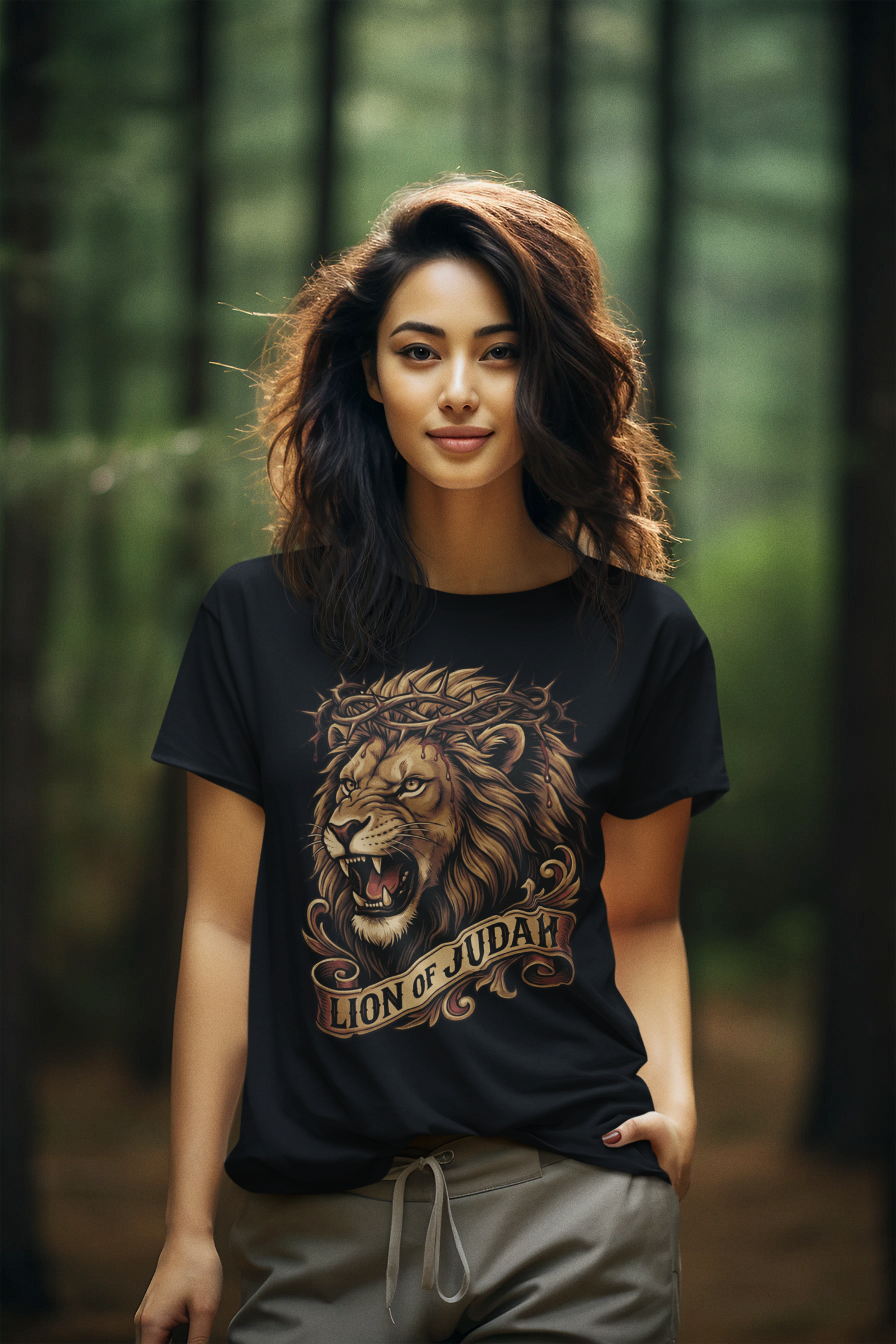 The LION OF JUDAH Semi-Fitted Christian T-Shirt (S-3XL):  Women's Gildan 5000L