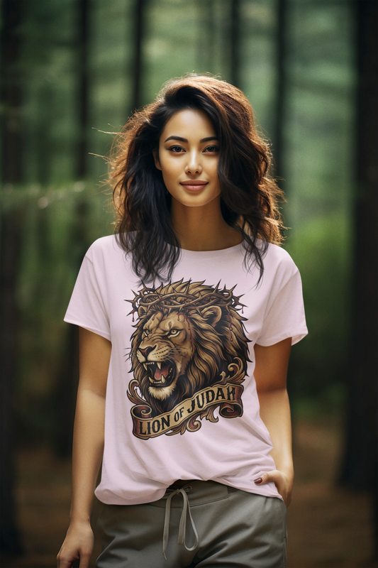 The LION OF JUDAH Semi-Fitted Christian T-Shirt (S-3XL):  Women's Gildan 5000L