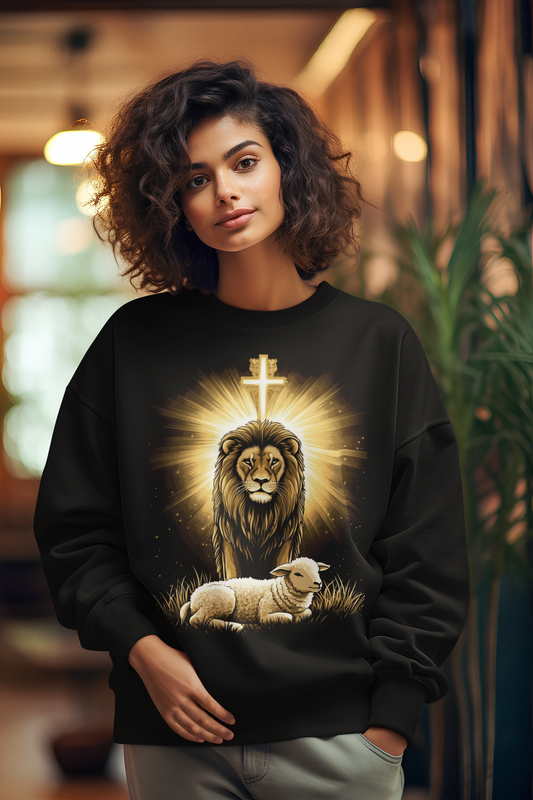 THE LION & THE LAMB Heavy Weight Christian Sweatshirt (S-5XL):  Women's Gildan 18000 - FREE SHIPPING