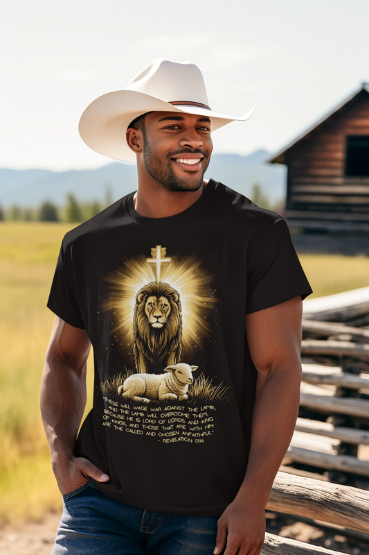THE LION & THE LAMB Christian T-Shirt (S-5XL):  Men's Medium Weight Gildan 5000 - FREE SHIPPING