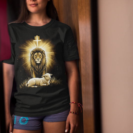 THE LION & THE LAMB Classic Christian T-Shirt (S-5XL):  Women's Medium Weight Gildan 5000 - FREE SHIPPING