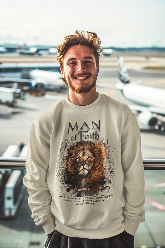 MAN OF FAITH Heavy Weight Christian Sweatshirt (S-5XL):  Men's Gildan 18000