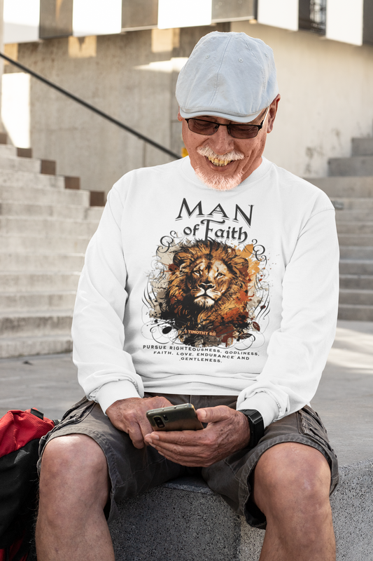 . MAN OF FAITH Heavy Weight Christian Long Sleeve T-Shirt (S-2XL):  Men's Gildan 2400 - FREE SHIPPING