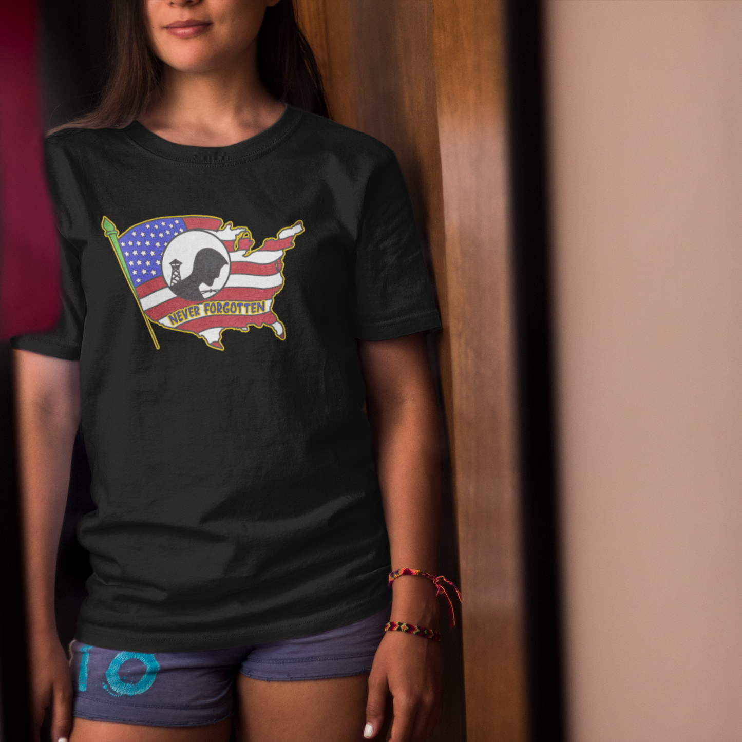 NEVER FORGOTTEN Classic Patriotic Military T-Shirt (S-5XL):  Women's Medium Weight Gildan 5000 - FREE SHIPPING