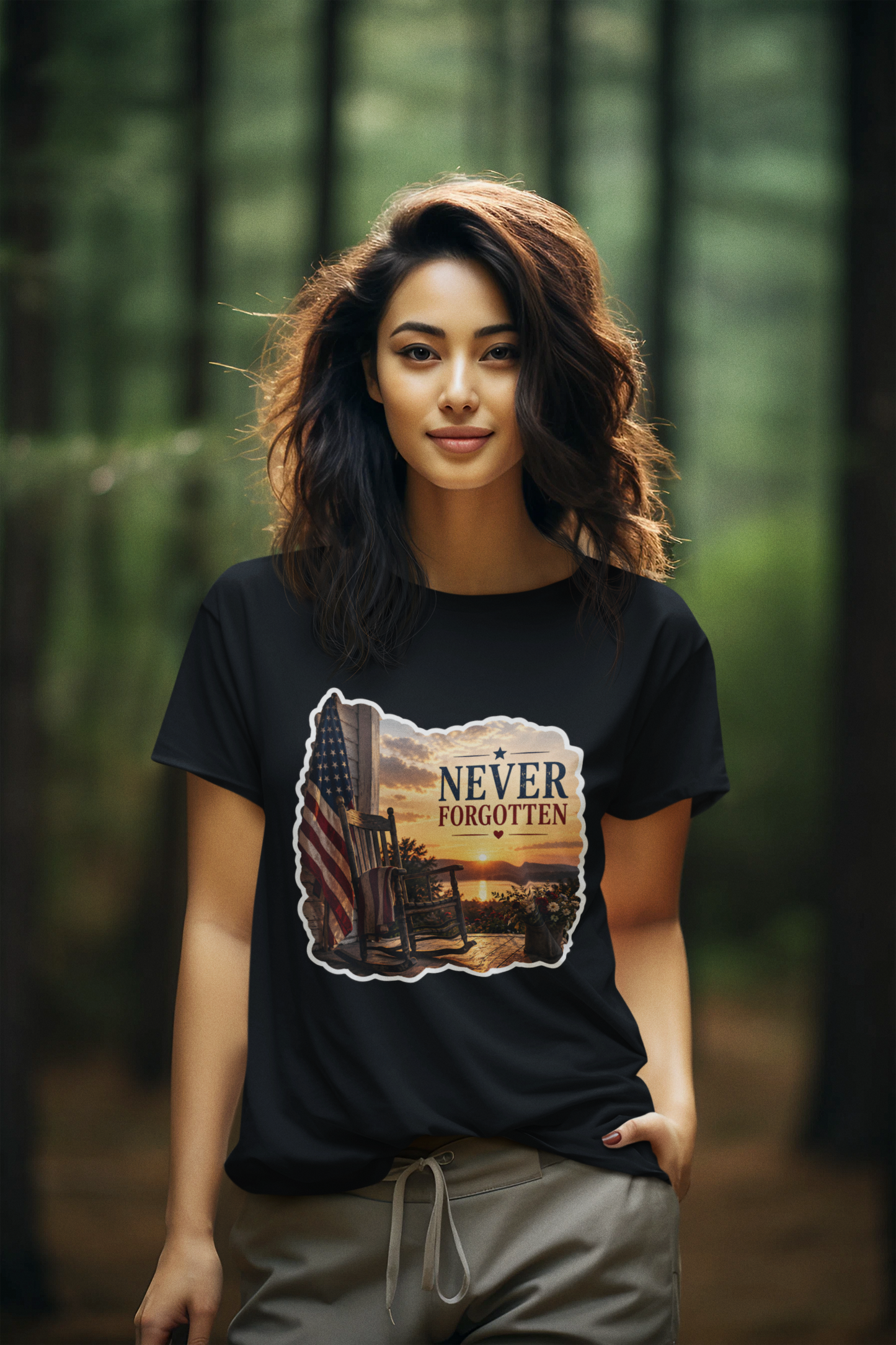 NEVER FORGOTTEN Semi-Fitted Patriotic Military T-Shirt (S-3XL):  Women's Gildan 5000L