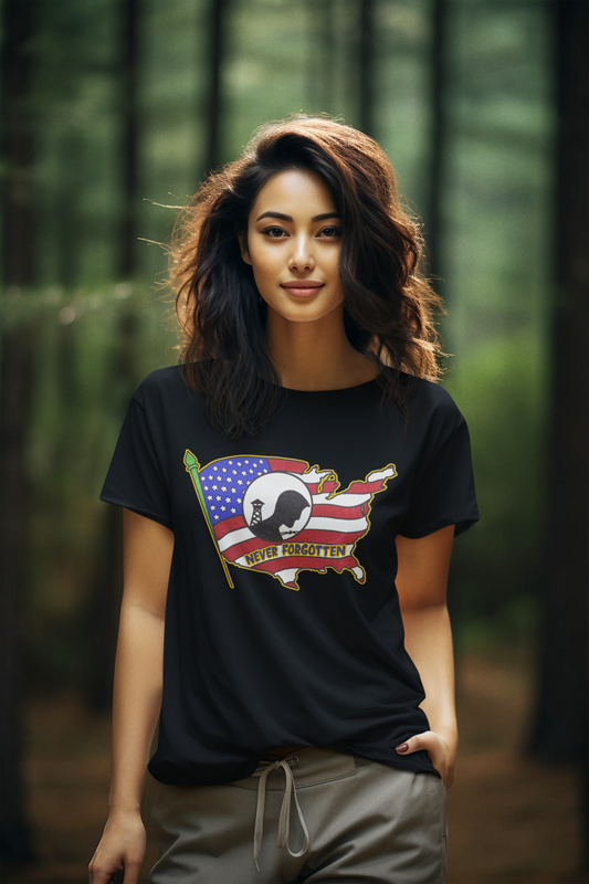 NEVER FORGOTTEN Semi-Fitted Patriotic T-Shirt (S-3XL):  Women's Gildan 5000L - FREE SHIPPING