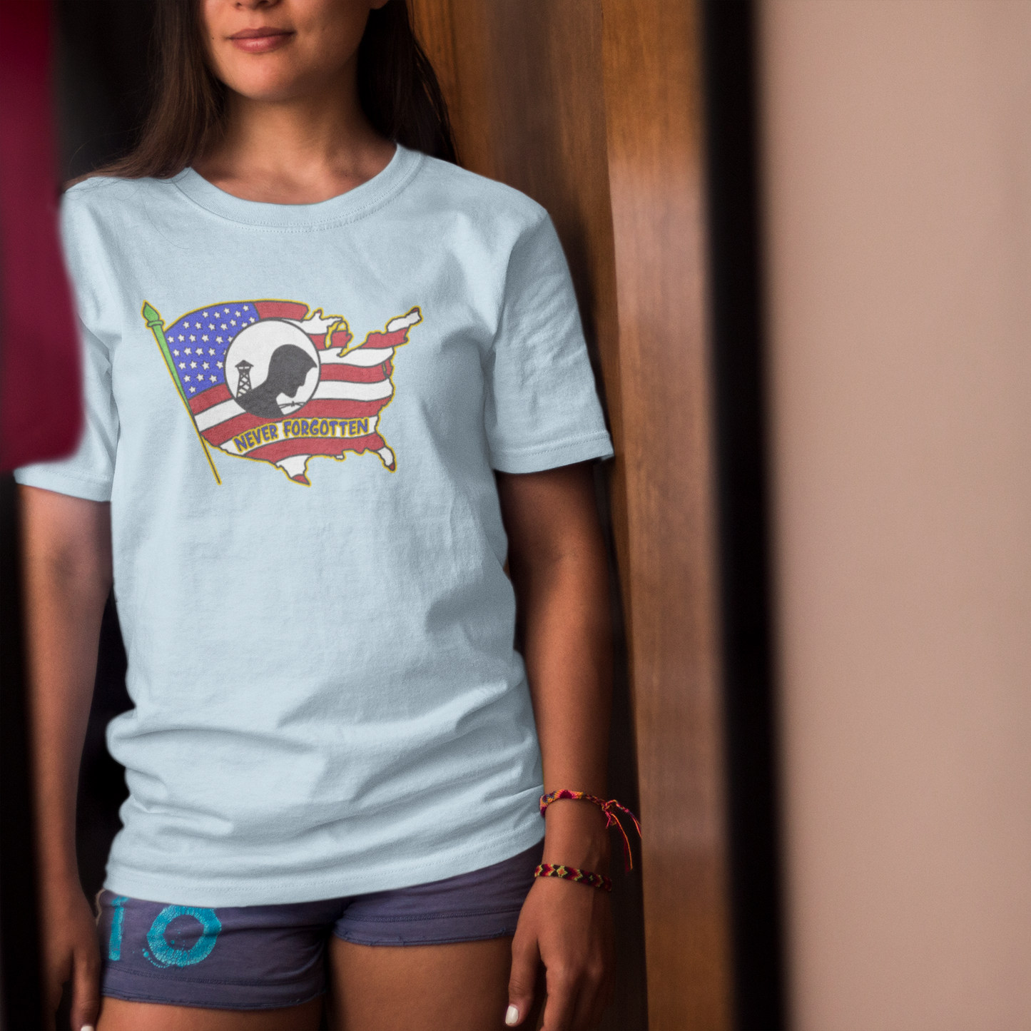 NEVER FORGOTTEN Classic Patriotic Military T-Shirt (S-5XL):  Women's Medium Weight Gildan 5000 - FREE SHIPPING