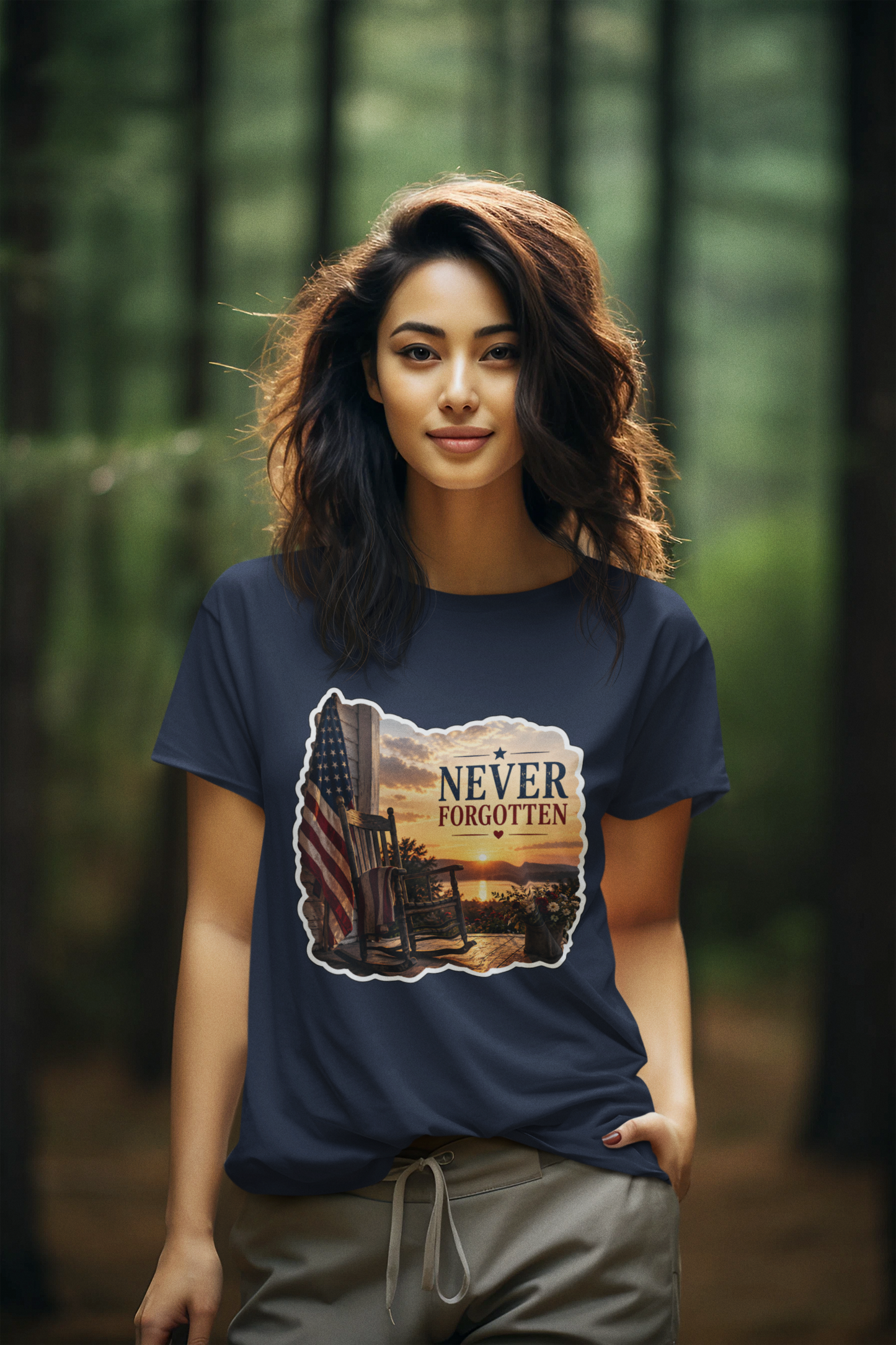 NEVER FORGOTTEN Semi-Fitted Patriotic Military T-Shirt (S-3XL):  Women's Gildan 5000L