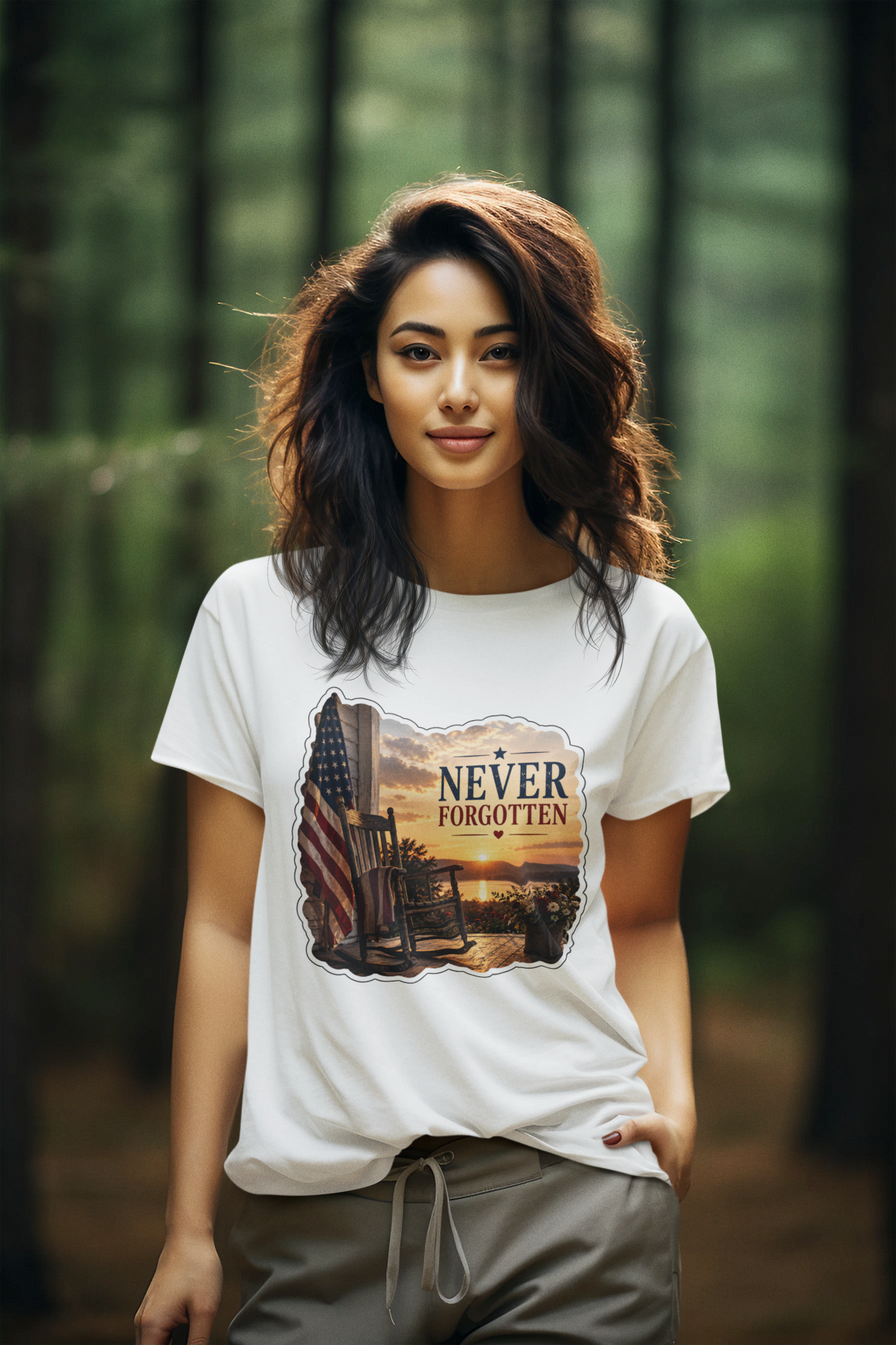 NEVER FORGOTTEN Semi-Fitted Patriotic Military T-Shirt (S-3XL):  Women's Gildan 5000L