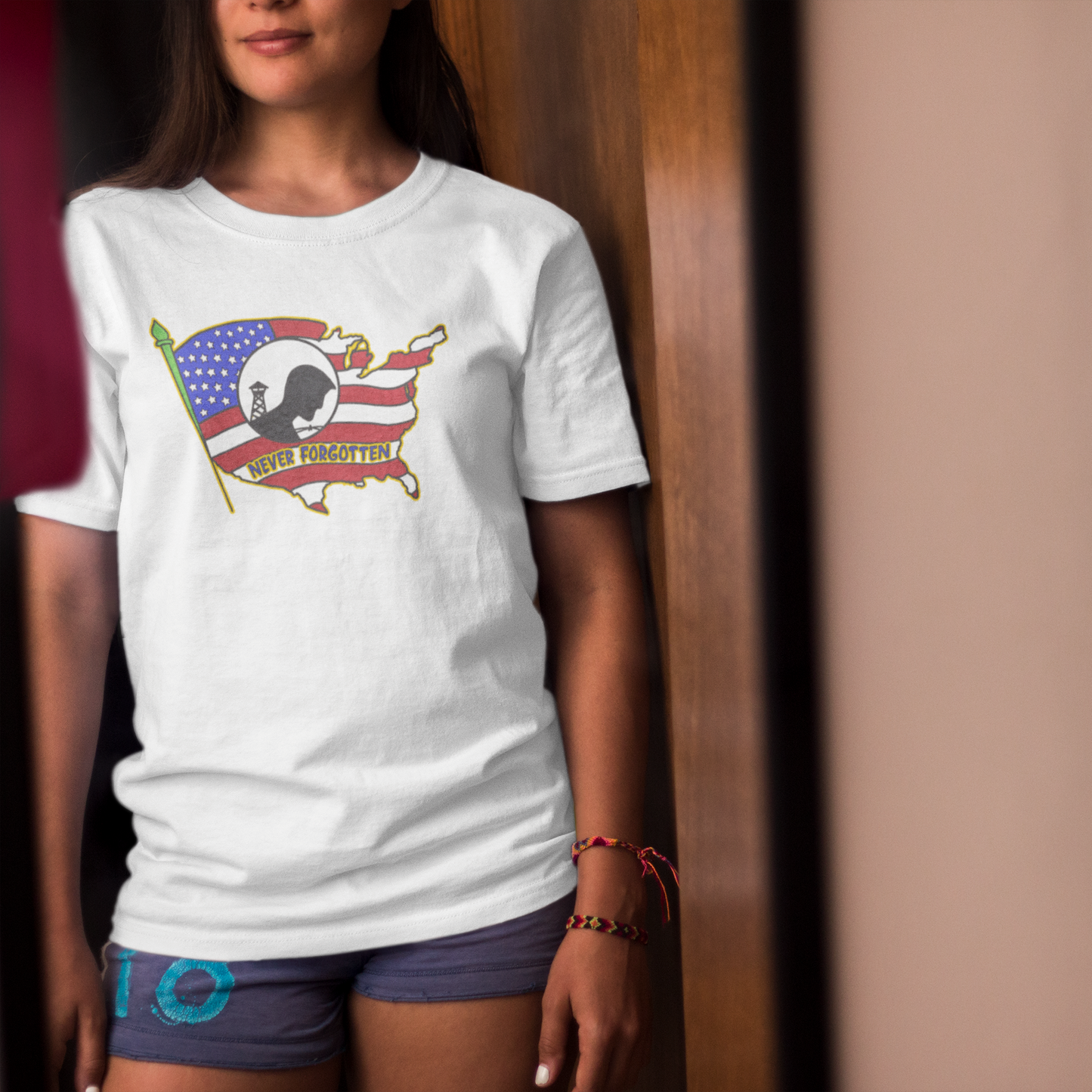 NEVER FORGOTTEN Classic Patriotic Military T-Shirt (S-5XL):  Women's Medium Weight Gildan 5000 - FREE SHIPPING