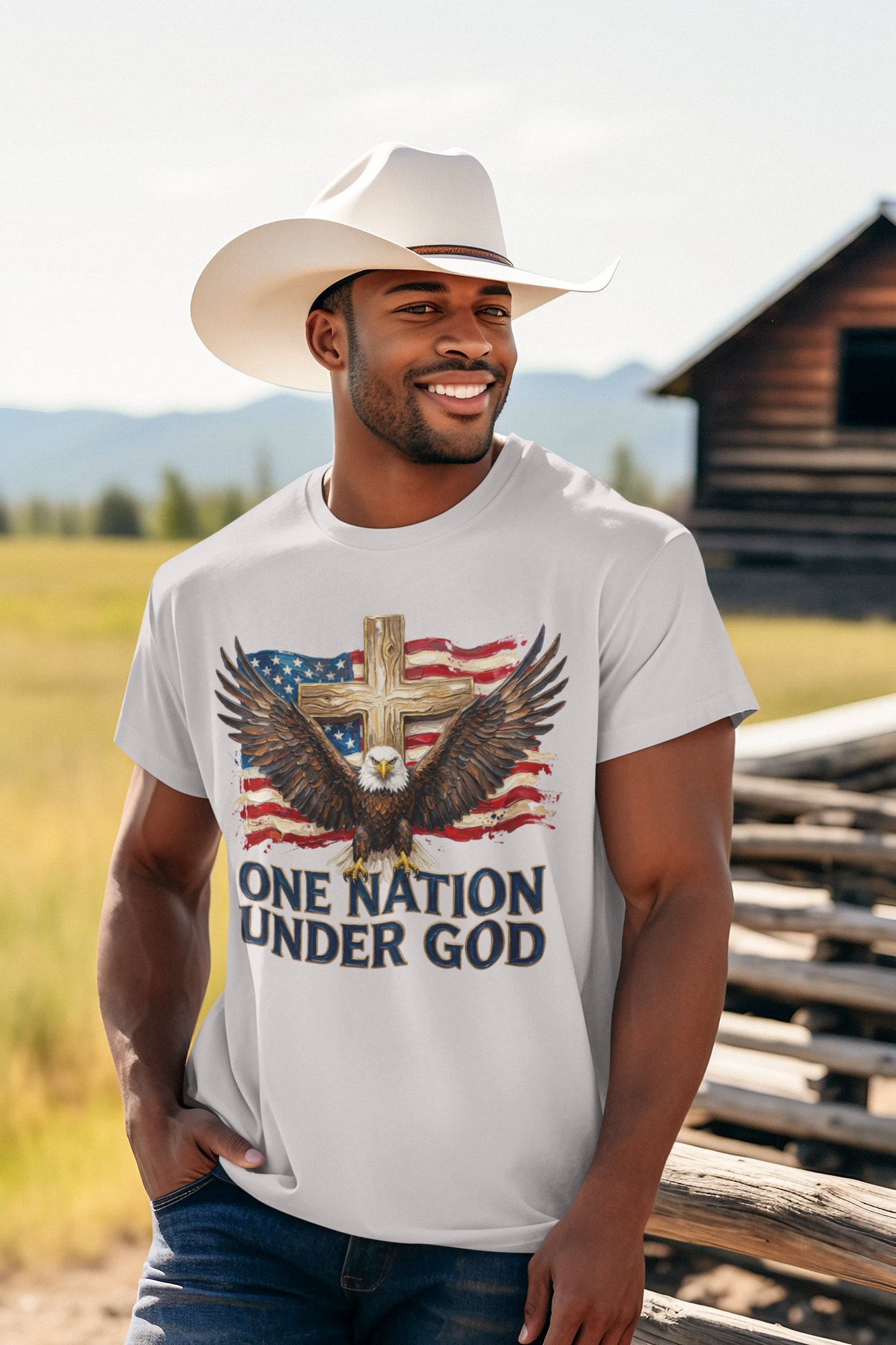 ONE NATION UNDER GOD Patriotic Christian T-Shirt (S-5XL):  Men's Medium Weight Gildan 5000 - FREE SHIPPING