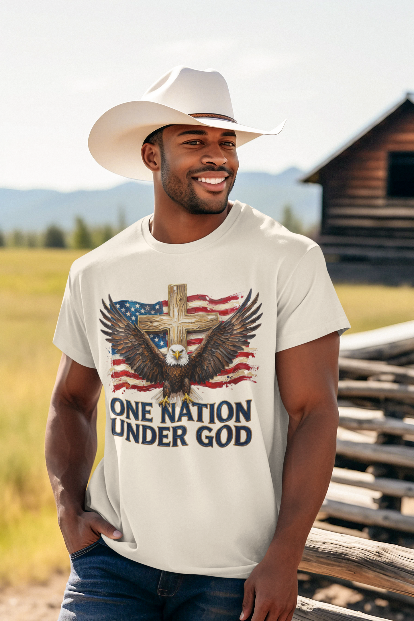 ONE NATION UNDER GOD Patriotic Christian T-Shirt (S-5XL):  Men's Medium Weight Gildan 5000 - FREE SHIPPING