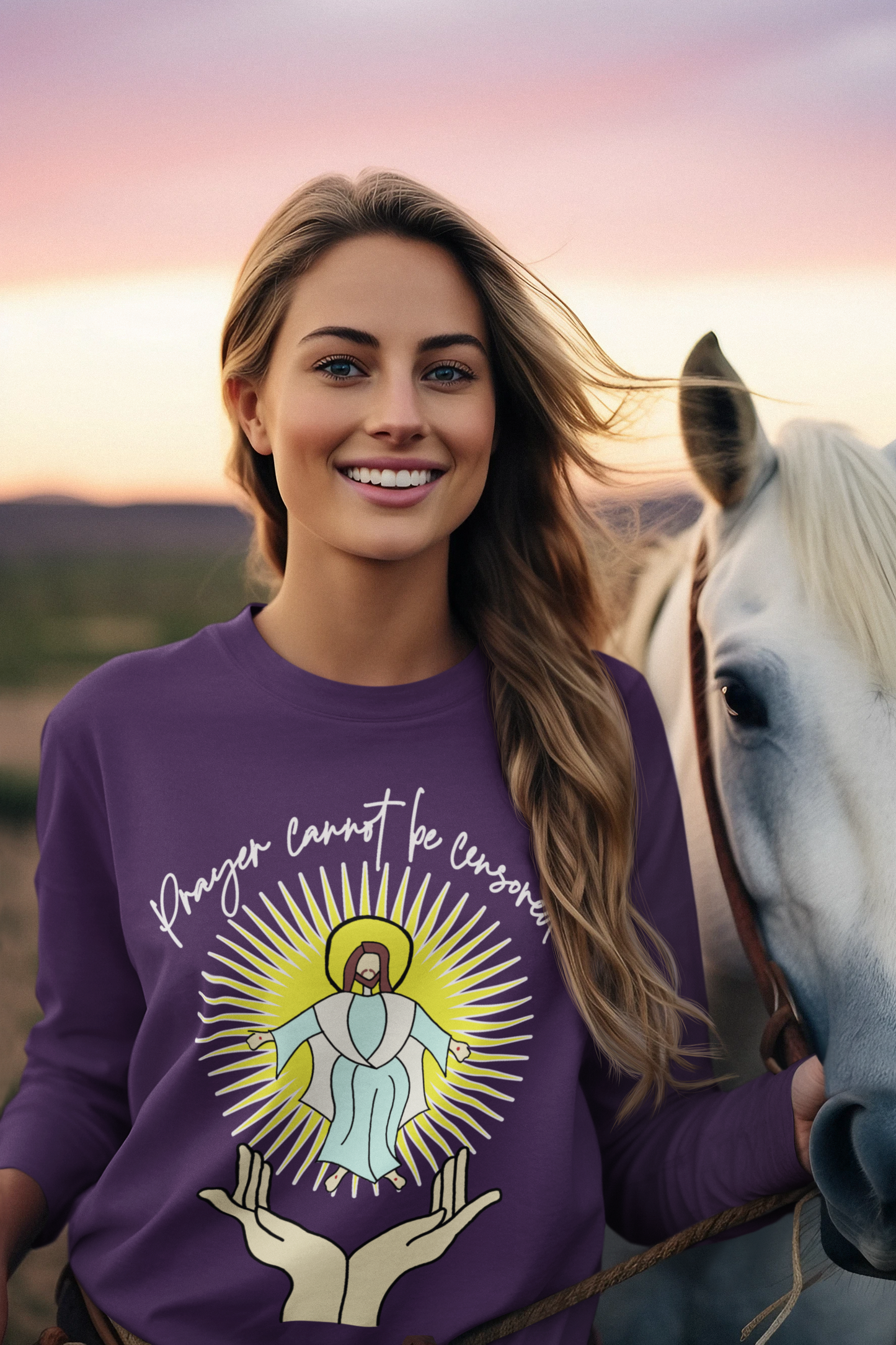 PRAYER CANNOT BE CENSORED Heavy Weight Patriotic Christian Long Sleeve T-Shirt (S-2XL):  Women's Gildan 2400 - FREE SHIPPING