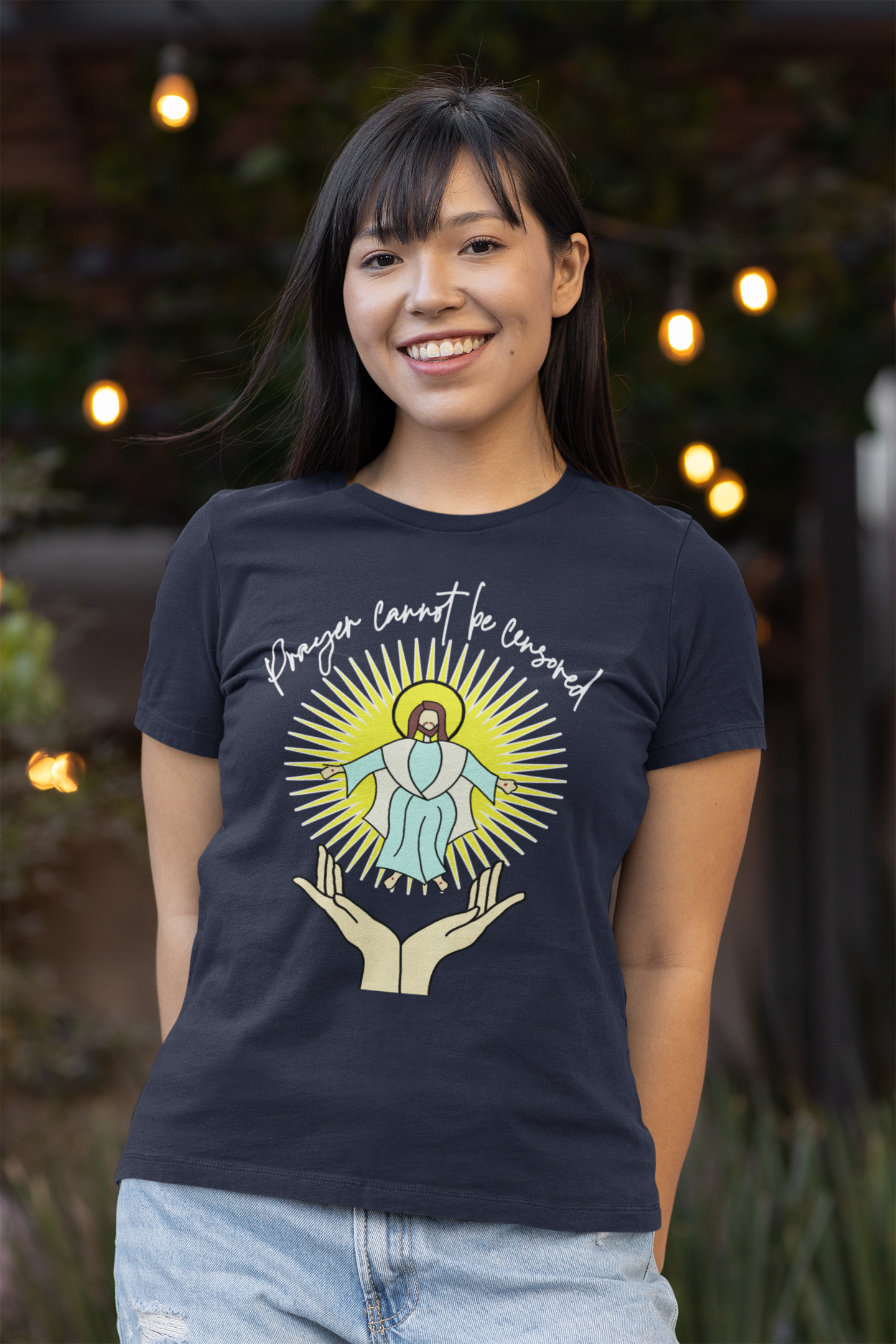 PRAYER CANNOT BE CENSORED Fitted Patriotic Christian T-Shirt (S-2XL):  Women's Bella+Canvas 6004 - FREE SHIPPING