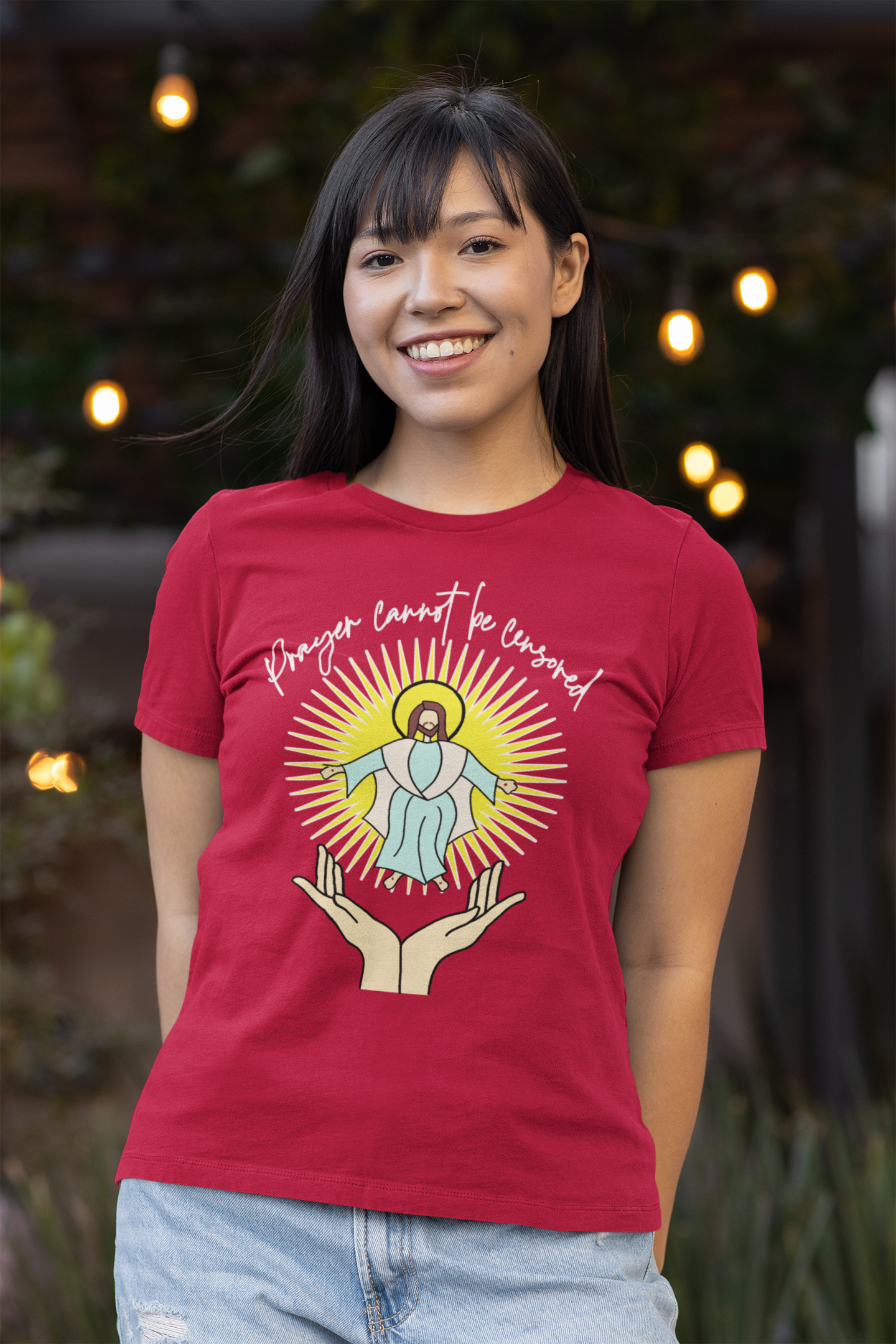 PRAYER CANNOT BE CENSORED Fitted Patriotic Christian T-Shirt (S-2XL):  Women's Bella+Canvas 6004 - FREE SHIPPING