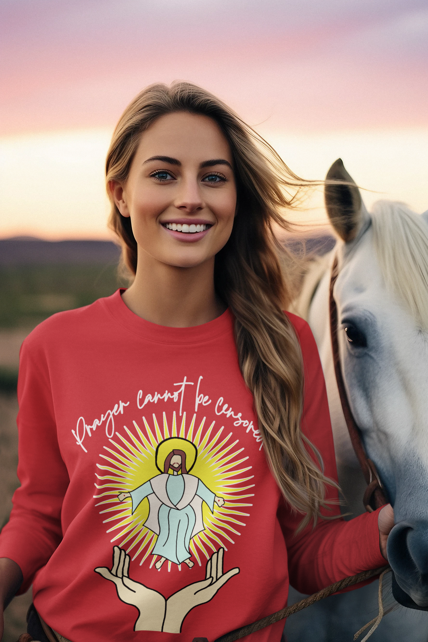 PRAYER CANNOT BE CENSORED Heavy Weight Patriotic Christian Long Sleeve T-Shirt (S-2XL):  Women's Gildan 2400 - FREE SHIPPING