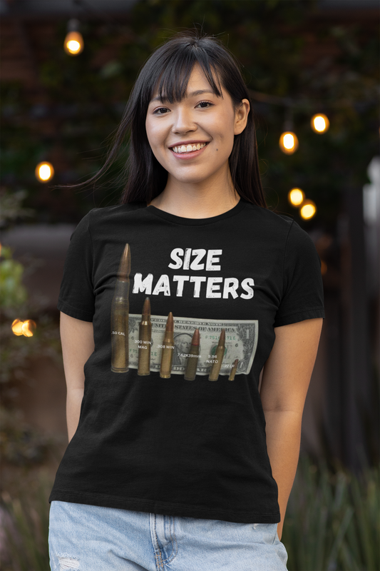 SIZE MATTERS Fitted Patriotic T-Shirt (S-2XL):  Women's Bella+Canvas 6004 - FREE SHIPPING