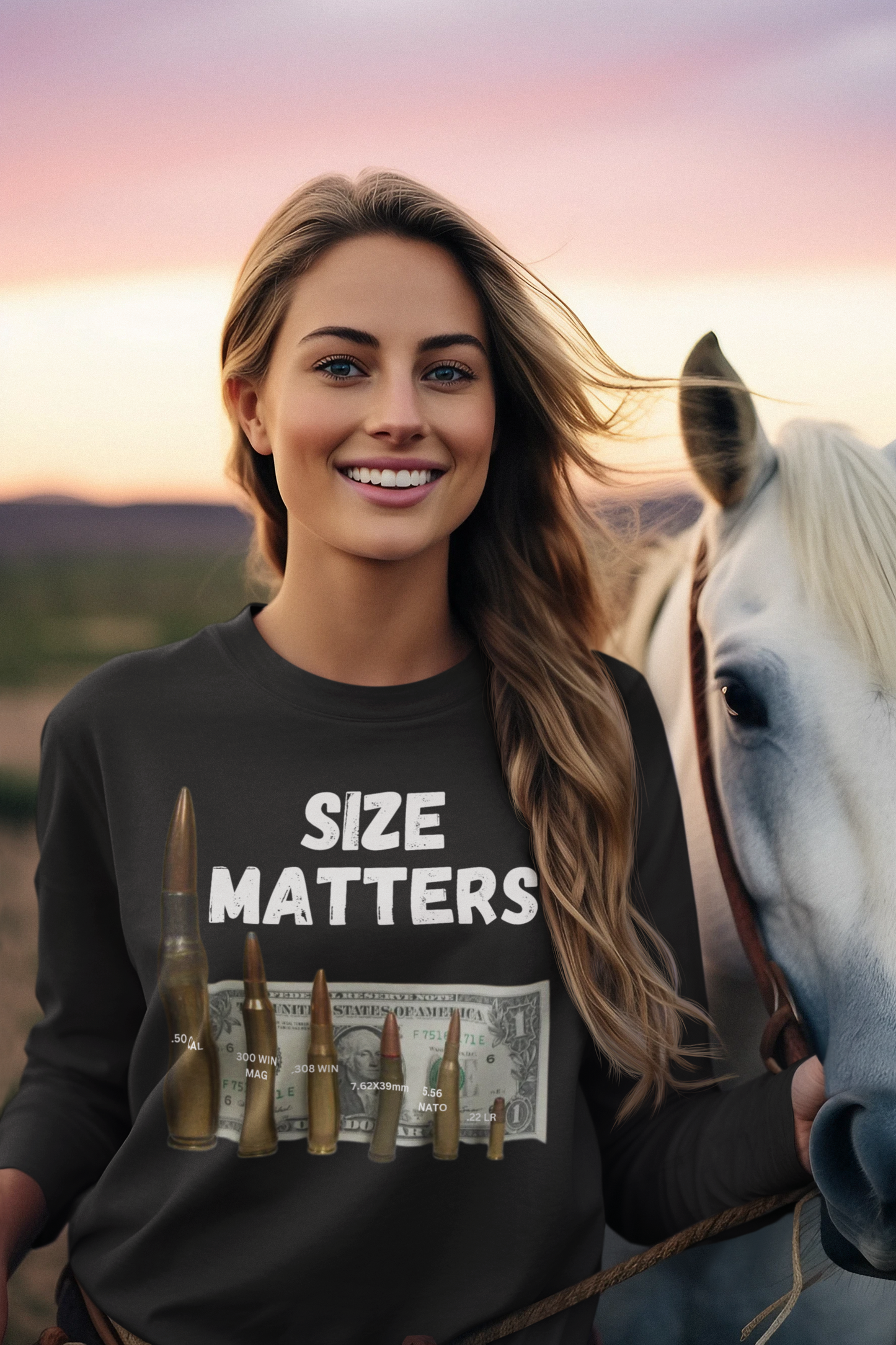 SIZE MATTERS Heavy Weight Patriotic Military Long Sleeve T-Shirt (S-2XL):  Women's Gildan 2400 - FREE SHIPPING