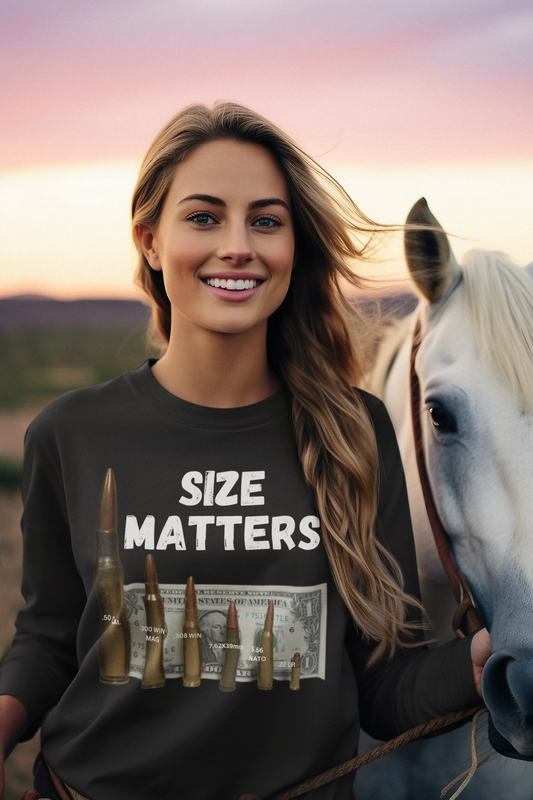 SIZE MATTERS Heavy Weight Patriotic Military Long Sleeve T-Shirt (S-2XL):  Women's Gildan 2400 - FREE SHIPPING