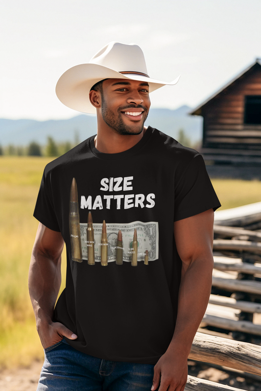 SIZE MATTERS Patriotic T-Shirt (S-5XL):  Men's Medium Weight Gildan 5000 - FREE SHIPPING