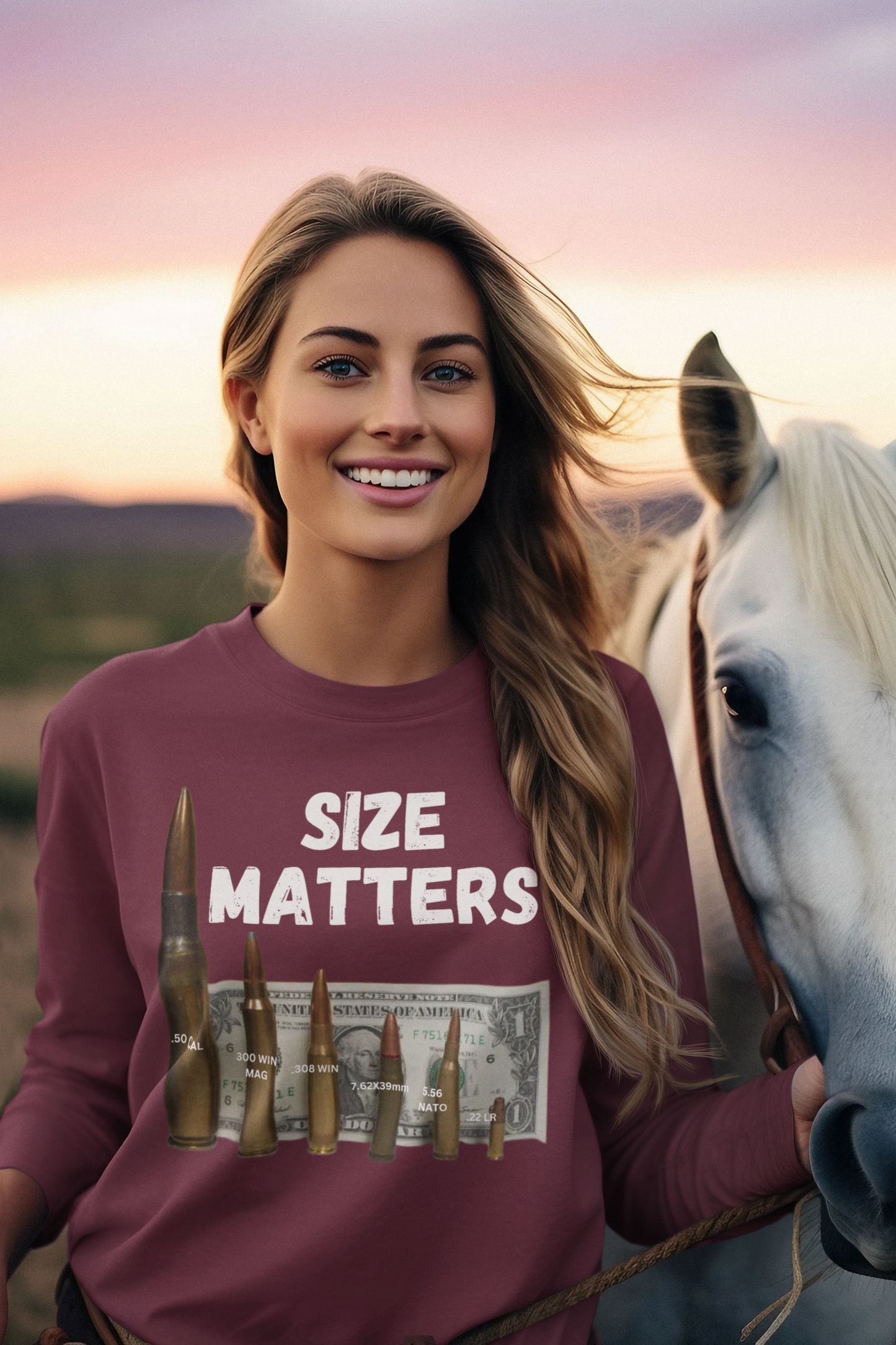 SIZE MATTERS Heavy Weight Patriotic Military Long Sleeve T-Shirt (S-2XL):  Women's Gildan 2400 - FREE SHIPPING