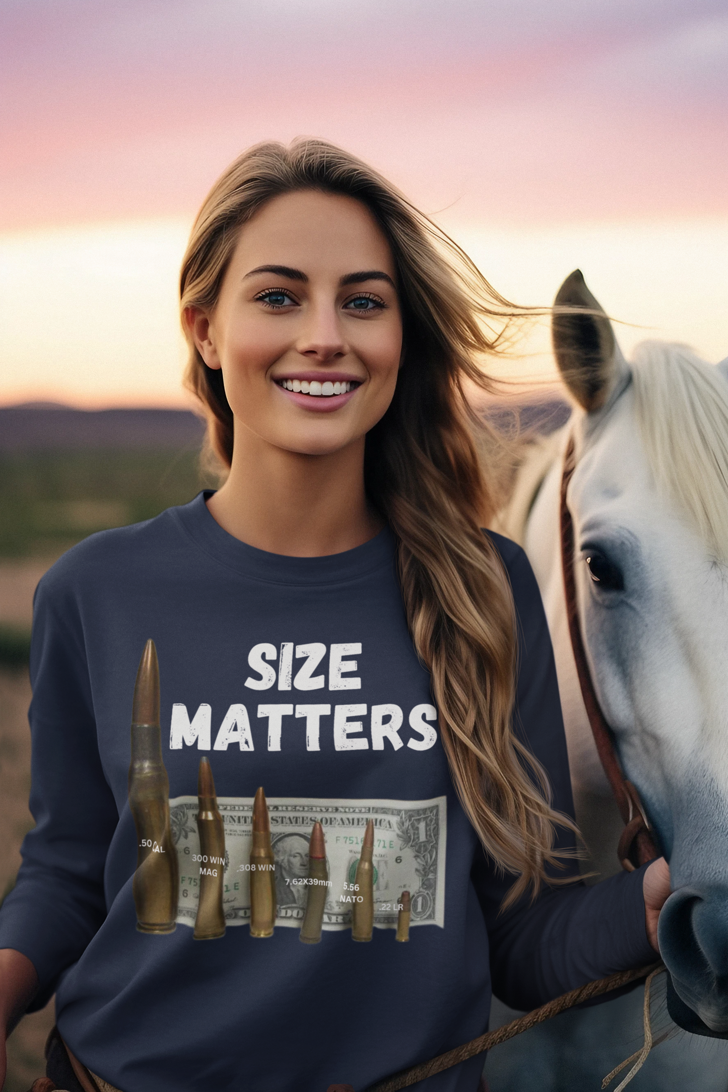 SIZE MATTERS Heavy Weight Patriotic Military Long Sleeve T-Shirt (S-2XL):  Women's Gildan 2400 - FREE SHIPPING