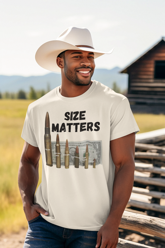 SIZE MATTERS Patriotic T-Shirt (S-5XL):  Men's Medium Weight Gildan 5000 - FREE SHIPPING