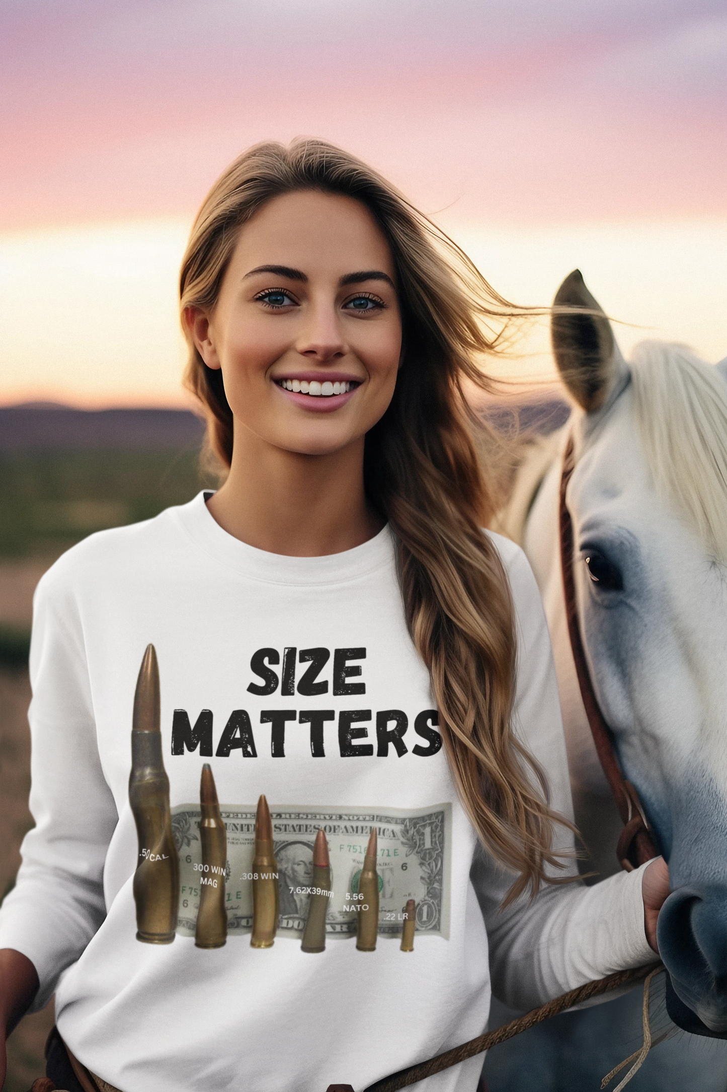 SIZE MATTERS Heavy Weight Patriotic Military Long Sleeve T-Shirt (S-2XL):  Women's Gildan 2400 - FREE SHIPPING