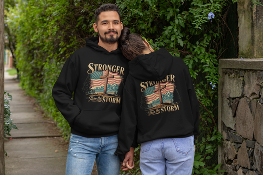 STRONGER THAN THE STORM Heavy Weight Patriotic Christian Hoodie (S-5XL):  Men's & Women's Gildan 18500 - FREE SHIPPING