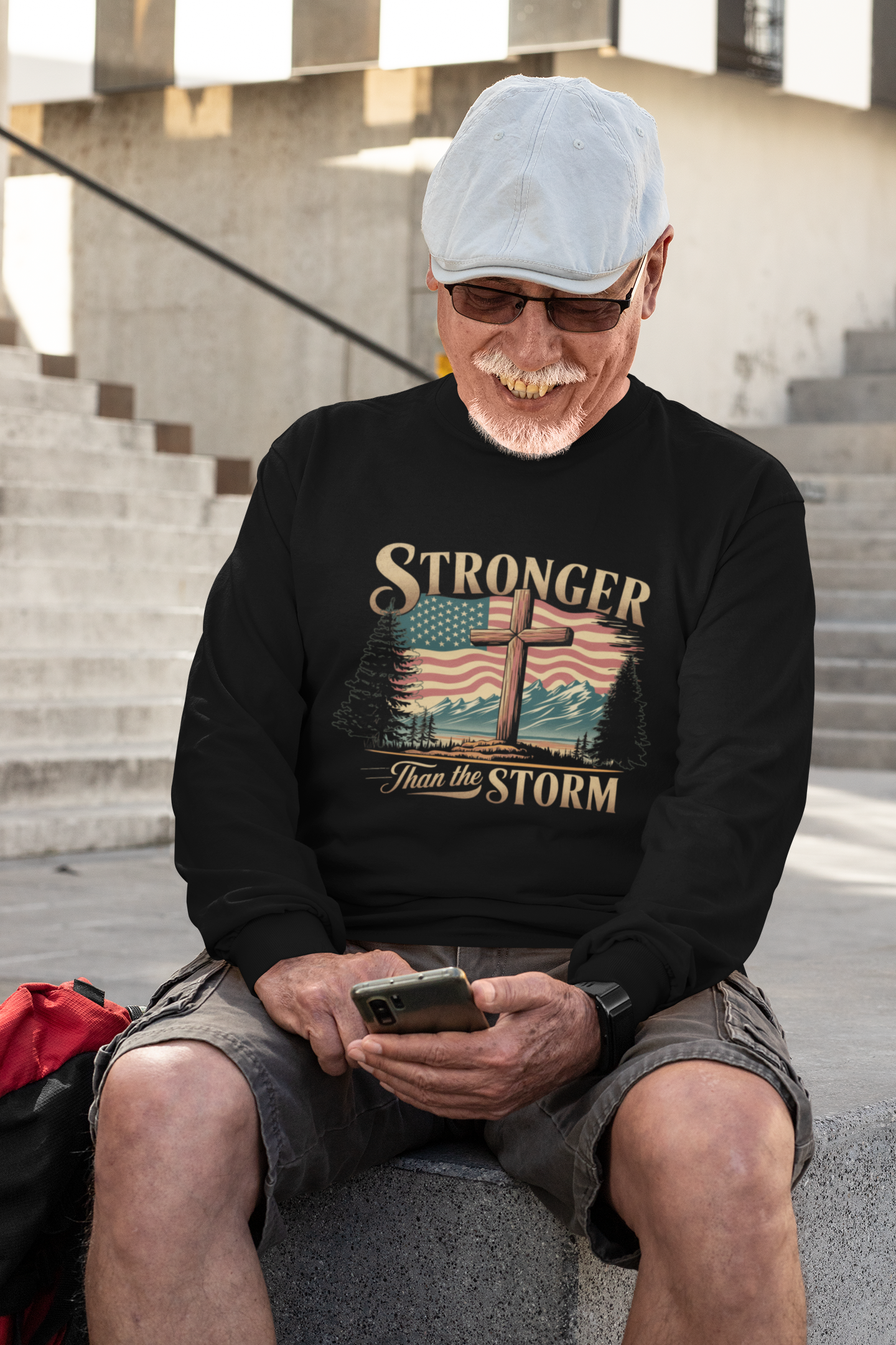 . STRONGER THAN THE STORM Heavy Weight Patriotic Christian Long Sleeve T-Shirt (S-2XL):  Men's Gildan 2400 - FREE SHIPPING