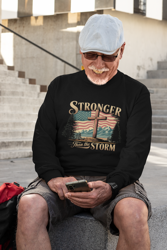 . STRONGER THAN THE STORM Heavy Weight Patriotic Christian Long Sleeve T-Shirt (S-2XL):  Men's Gildan 2400 - FREE SHIPPING