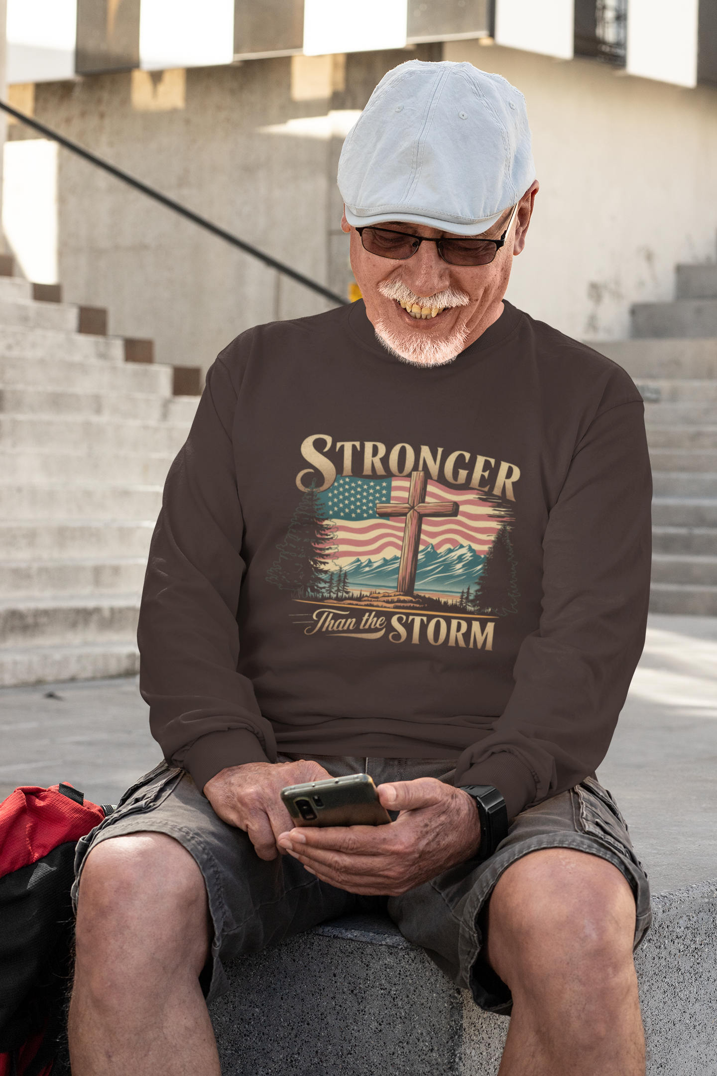 . STRONGER THAN THE STORM Heavy Weight Patriotic Christian Long Sleeve T-Shirt (S-2XL):  Men's Gildan 2400 - FREE SHIPPING